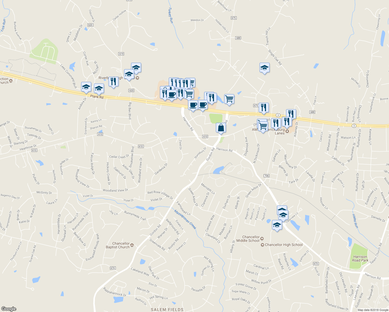 map of restaurants, bars, coffee shops, grocery stores, and more near 12002 Stansbury Drive in Fredericksburg