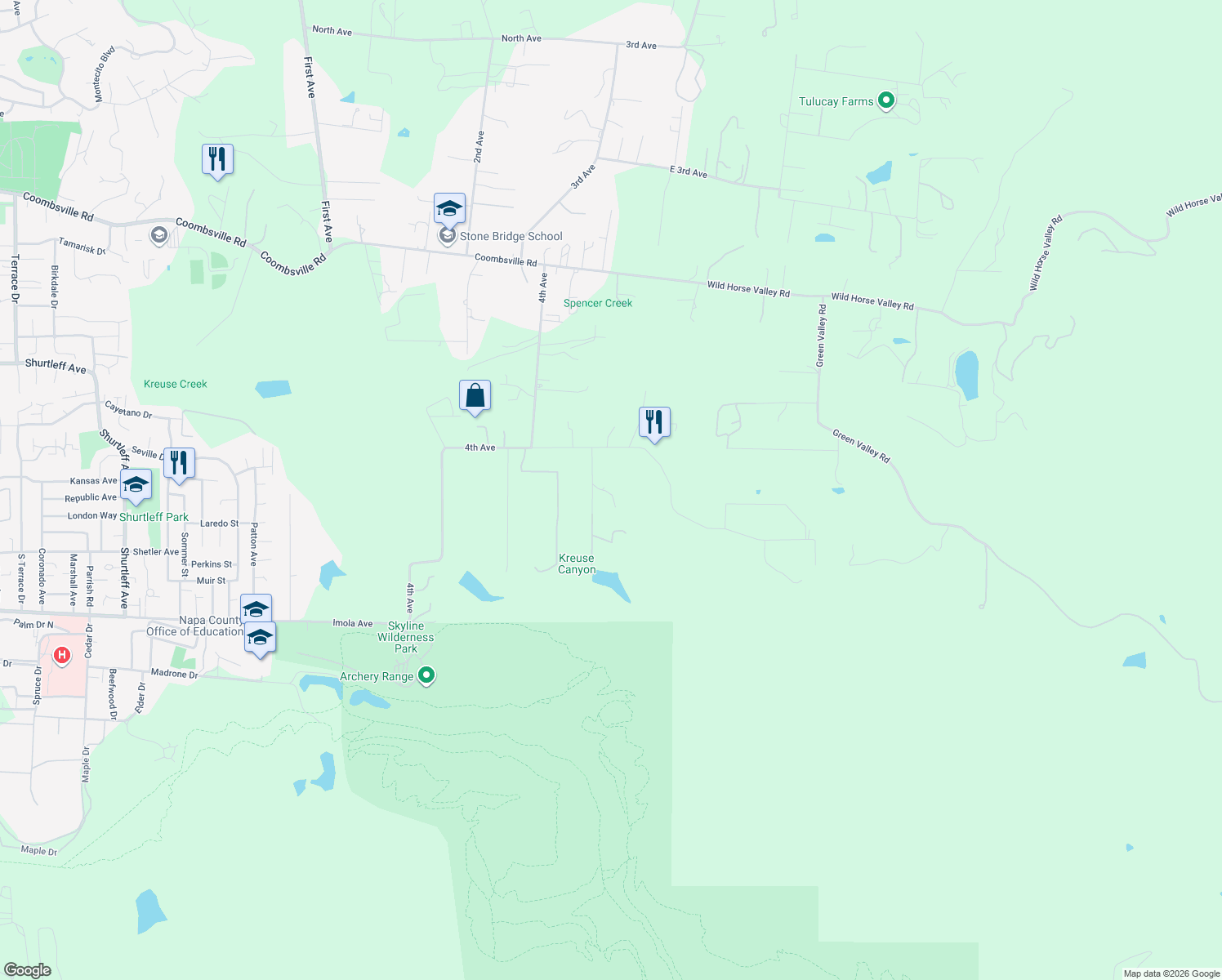 map of restaurants, bars, coffee shops, grocery stores, and more near 40 Kreuse Canyon Road in Napa