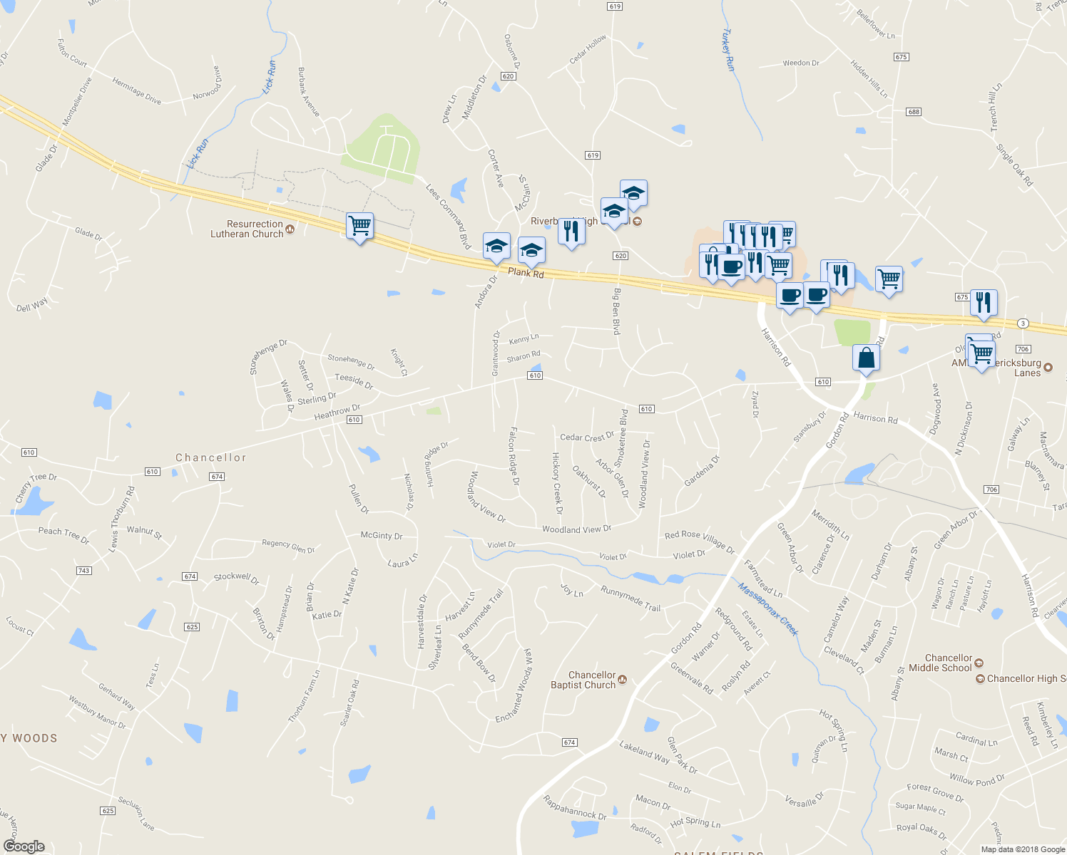 map of restaurants, bars, coffee shops, grocery stores, and more near 7303 Sunset Ridge Court in Fredericksburg