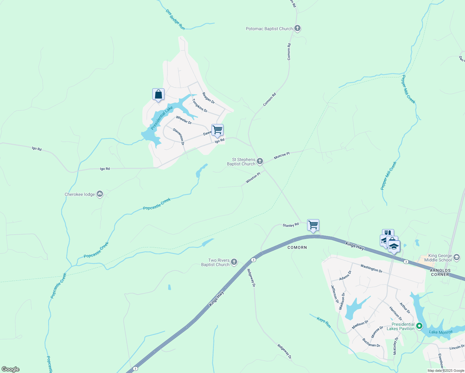 map of restaurants, bars, coffee shops, grocery stores, and more near 6350 Saint Stephens Road in King George