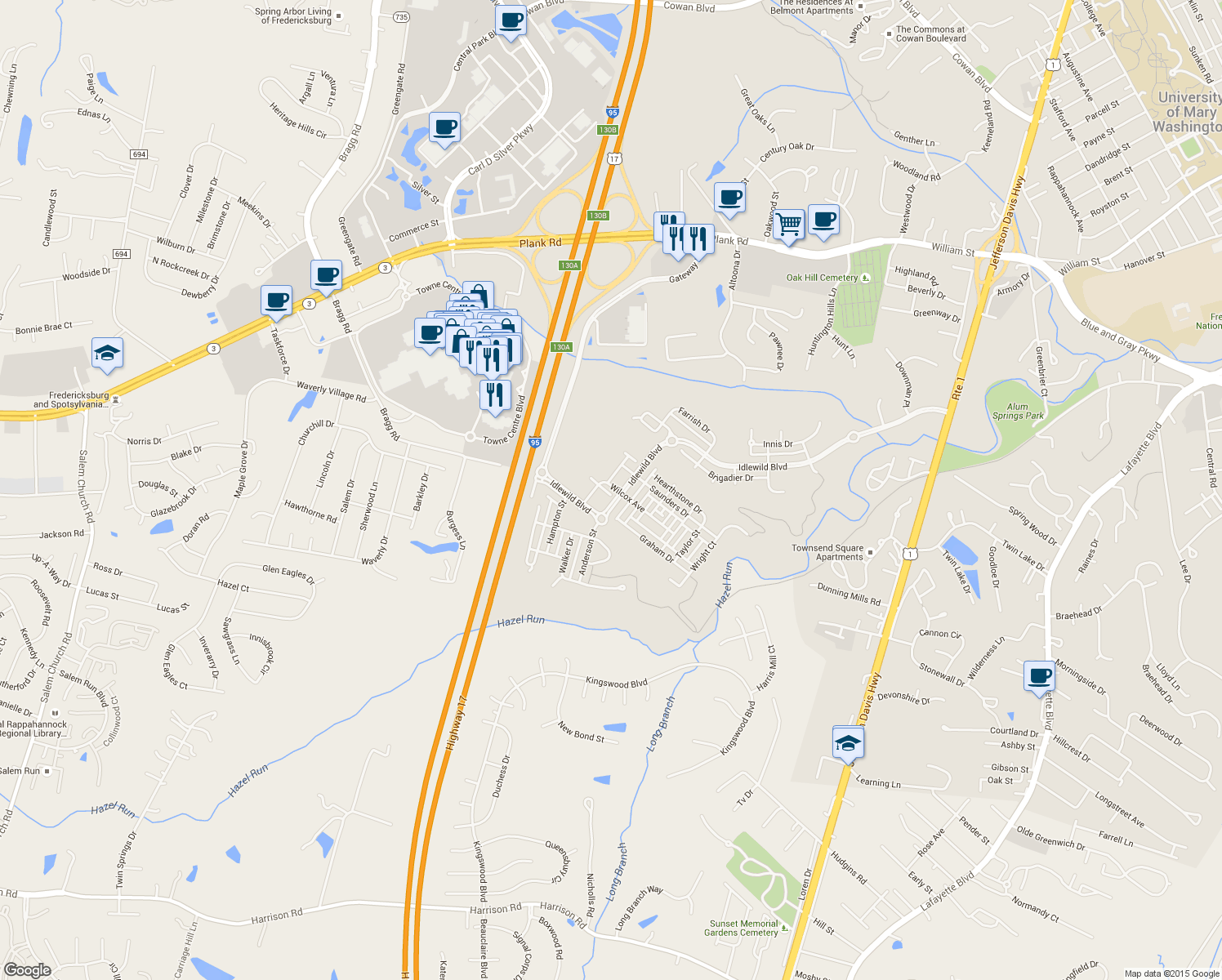 map of restaurants, bars, coffee shops, grocery stores, and more near 1606 Wilcox Avenue in Fredericksburg