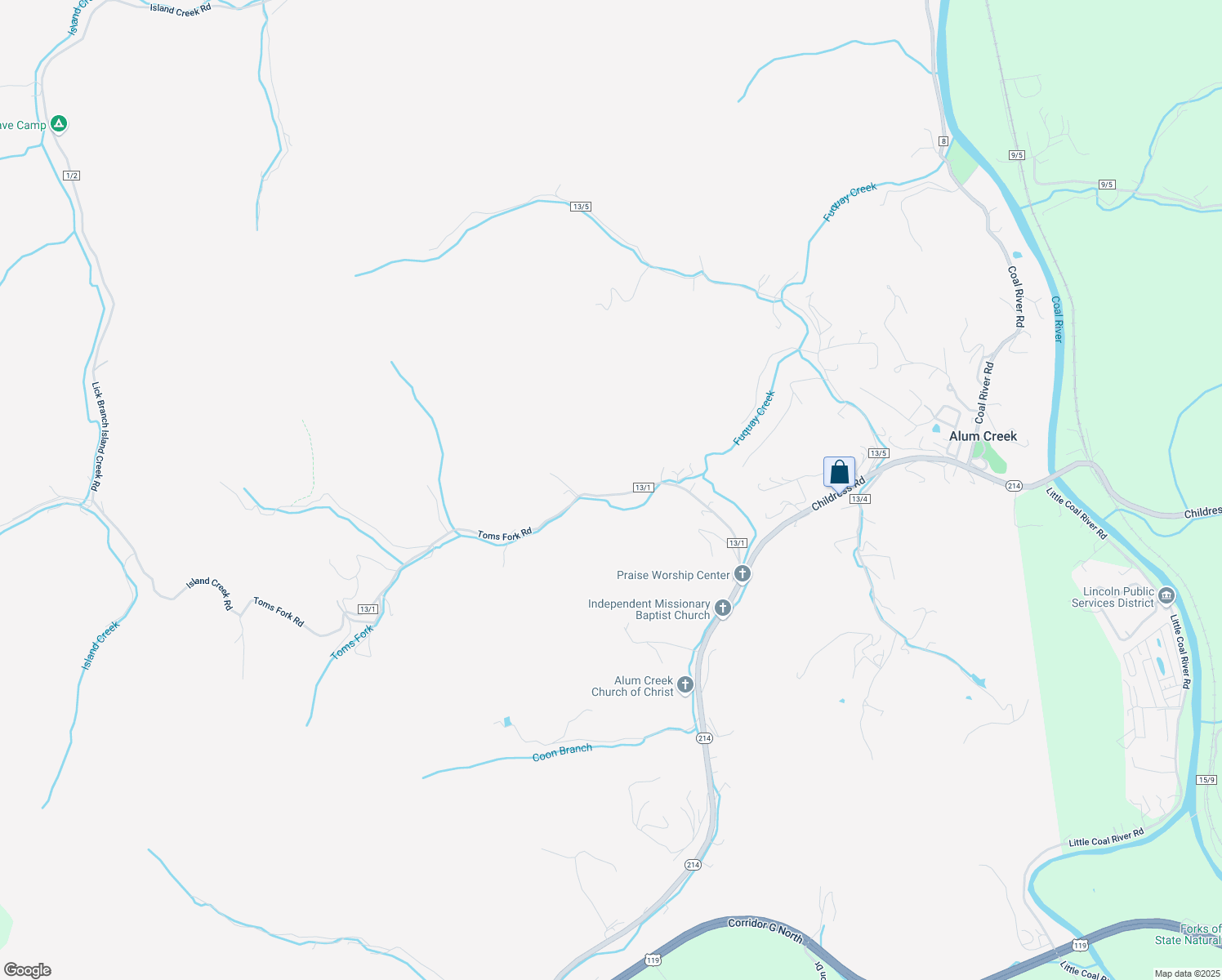 map of restaurants, bars, coffee shops, grocery stores, and more near 278 Toms Fork in Alum Creek