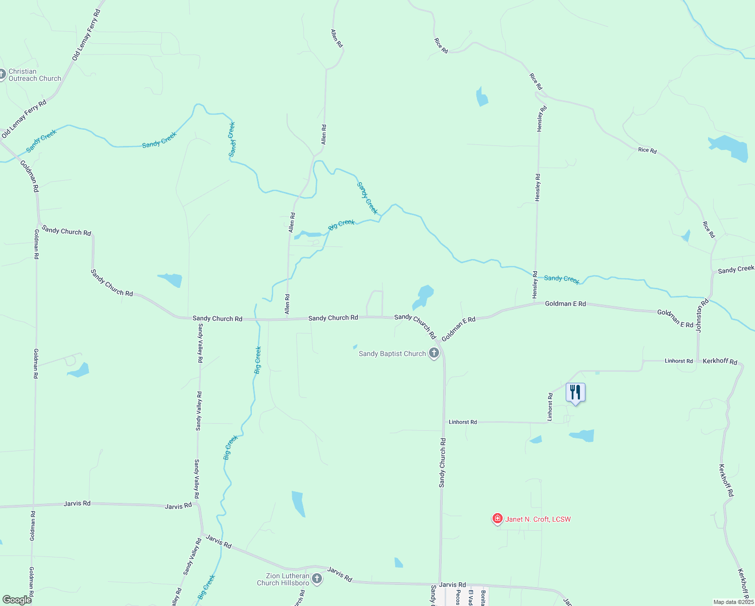 map of restaurants, bars, coffee shops, grocery stores, and more near 3827 Sandy Church Rd in Hillsboro