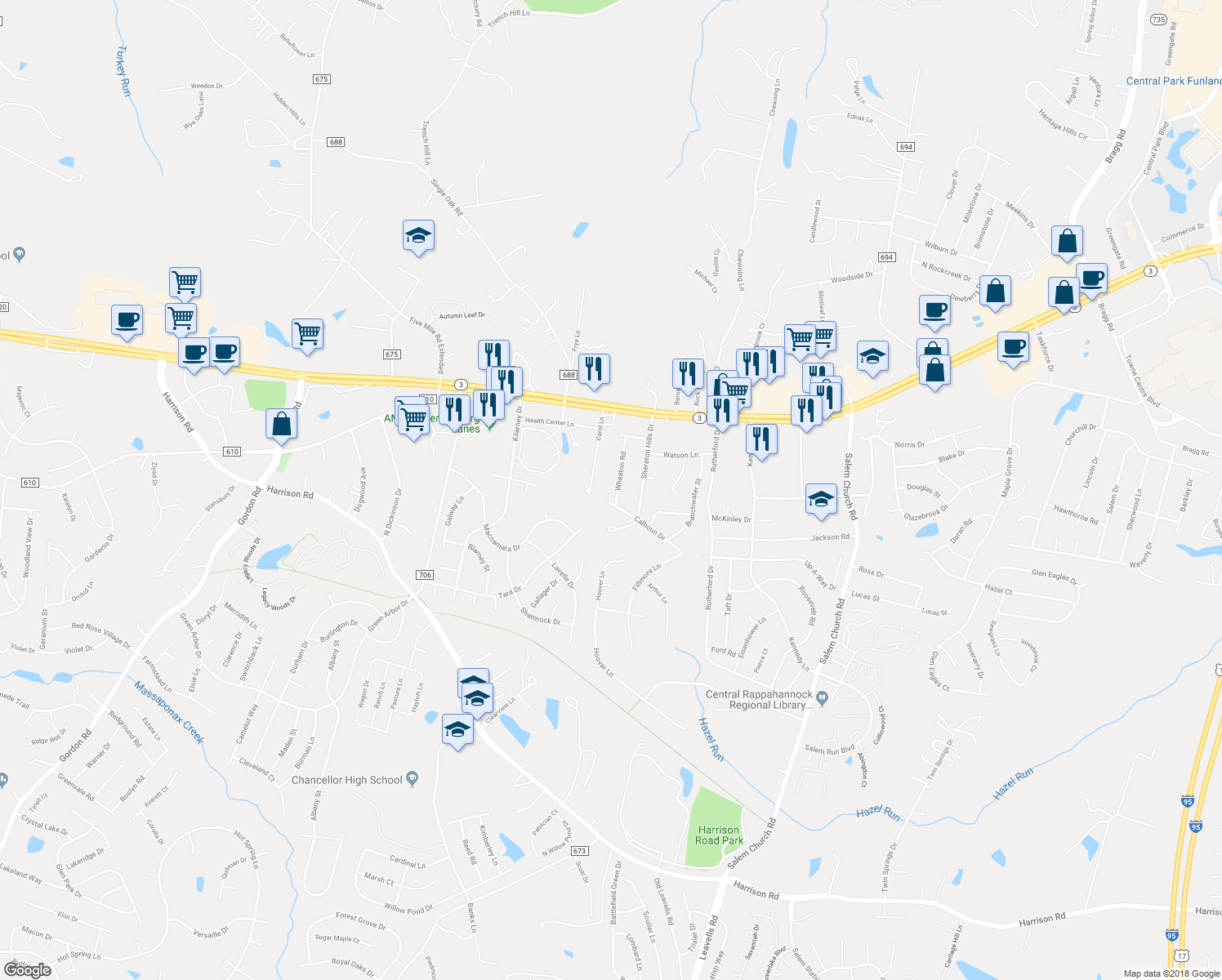 map of restaurants, bars, coffee shops, grocery stores, and more near 12004 Wheaton Road in Fredericksburg