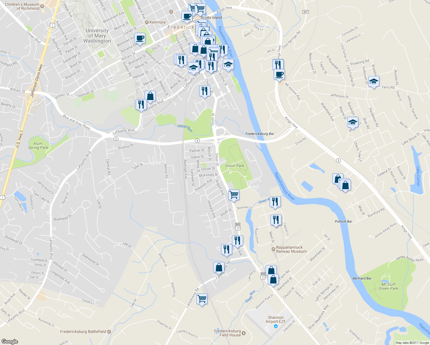 map of restaurants, bars, coffee shops, grocery stores, and more near 211 McKinney Street in Fredericksburg