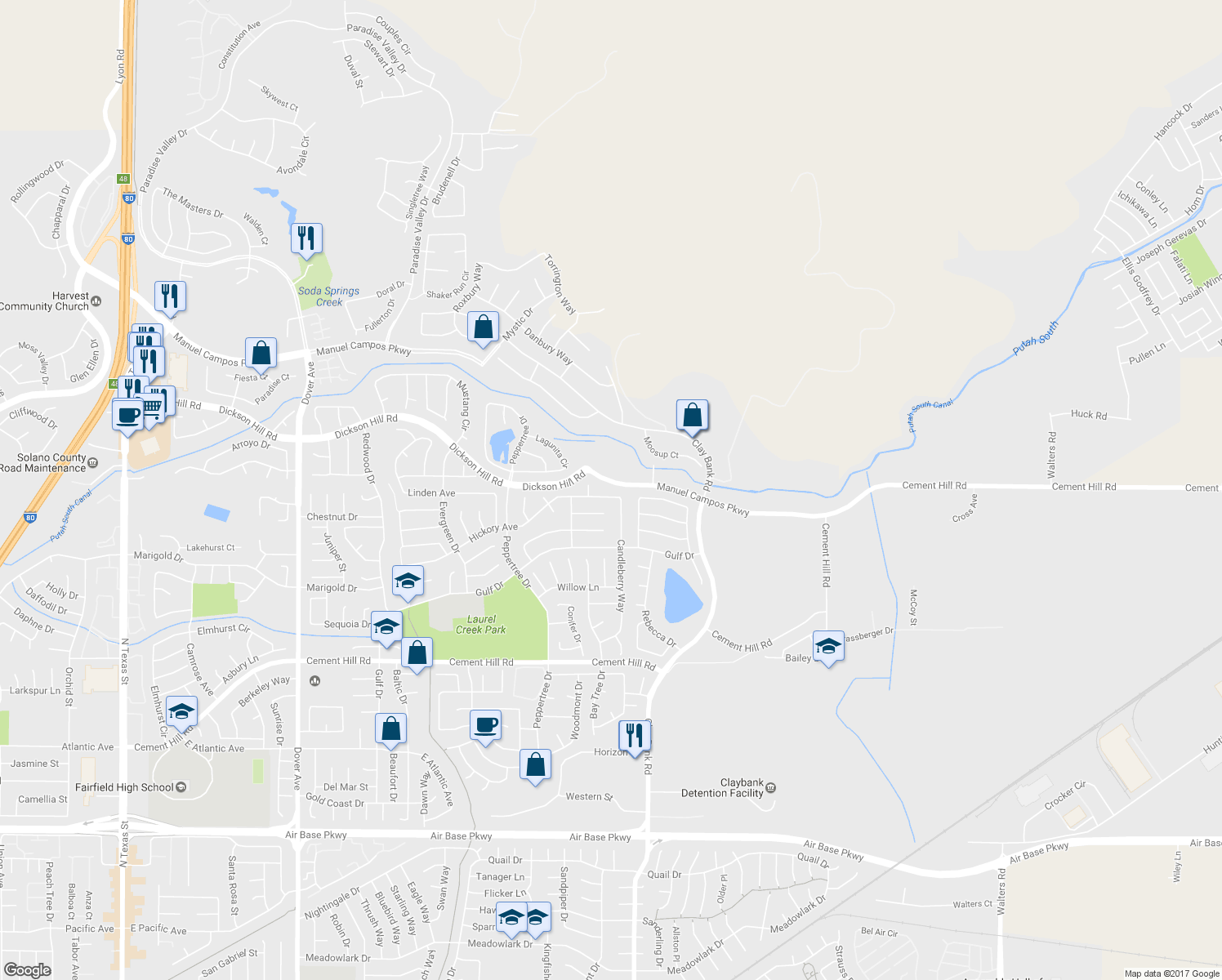 map of restaurants, bars, coffee shops, grocery stores, and more near 1198 Hickory Avenue in Fairfield