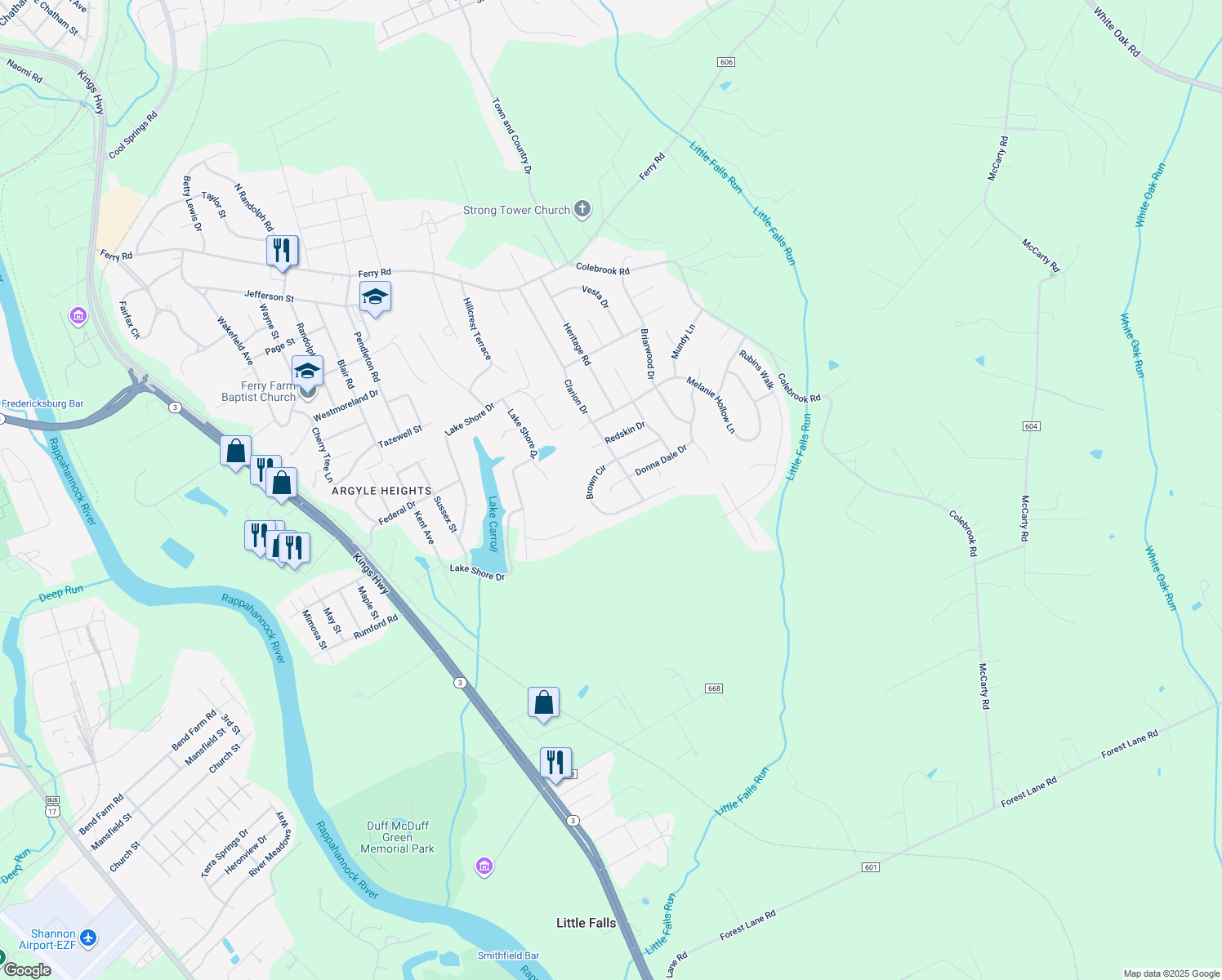 map of restaurants, bars, coffee shops, grocery stores, and more near 23 Donna Dale Drive in Fredericksburg