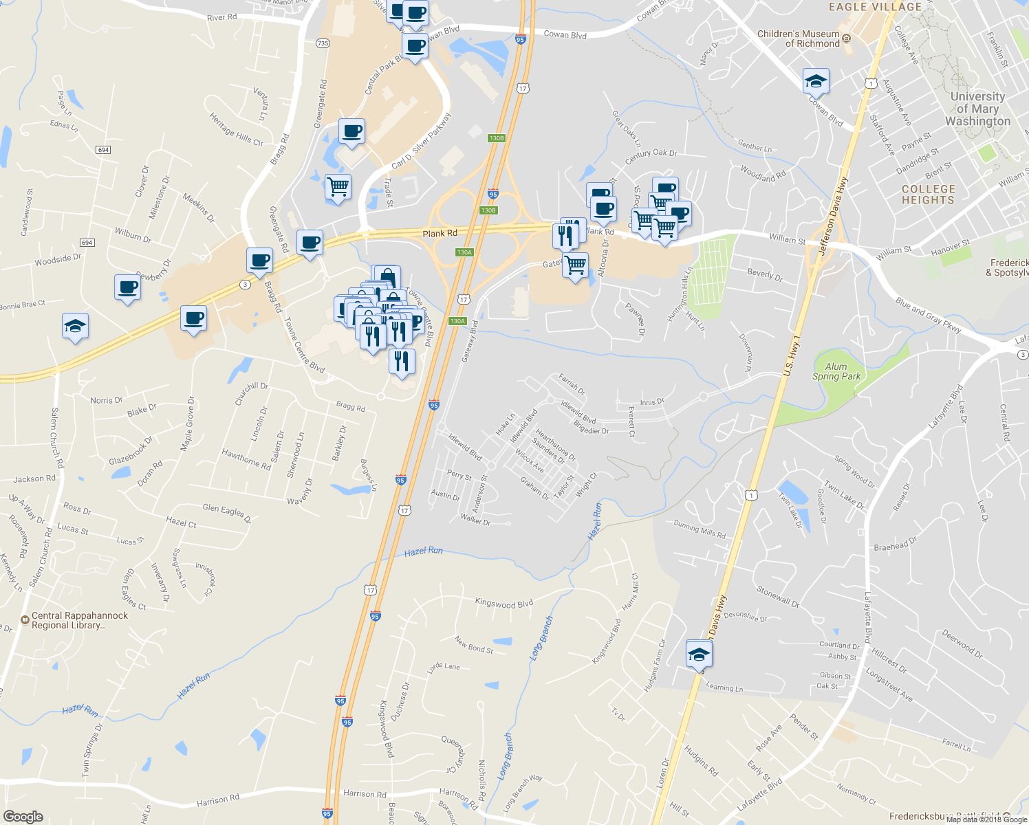 map of restaurants, bars, coffee shops, grocery stores, and more near Gayle Terrace in Fredericksburg