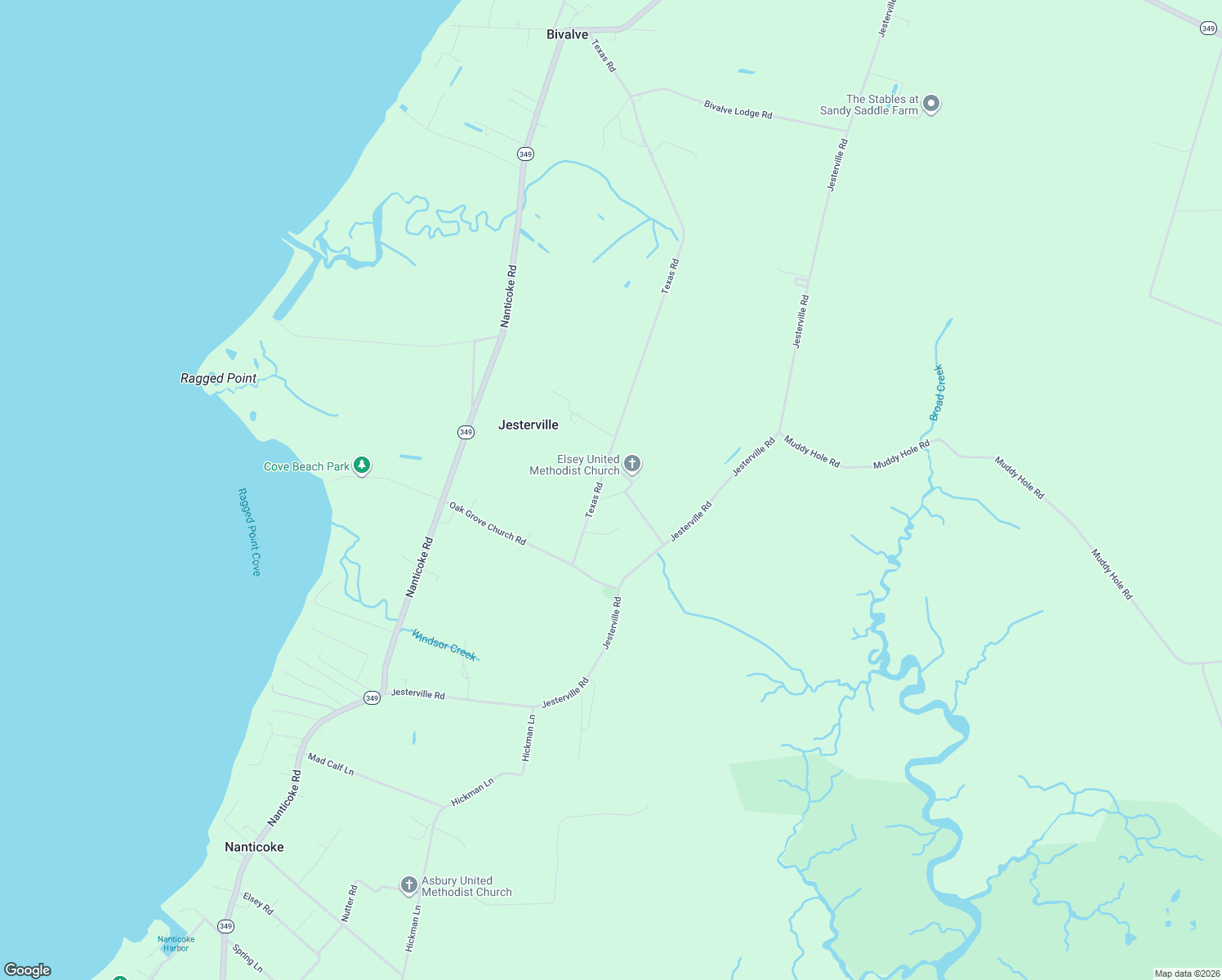 map of restaurants, bars, coffee shops, grocery stores, and more near 3318 Elzey Church Road in Bivalve