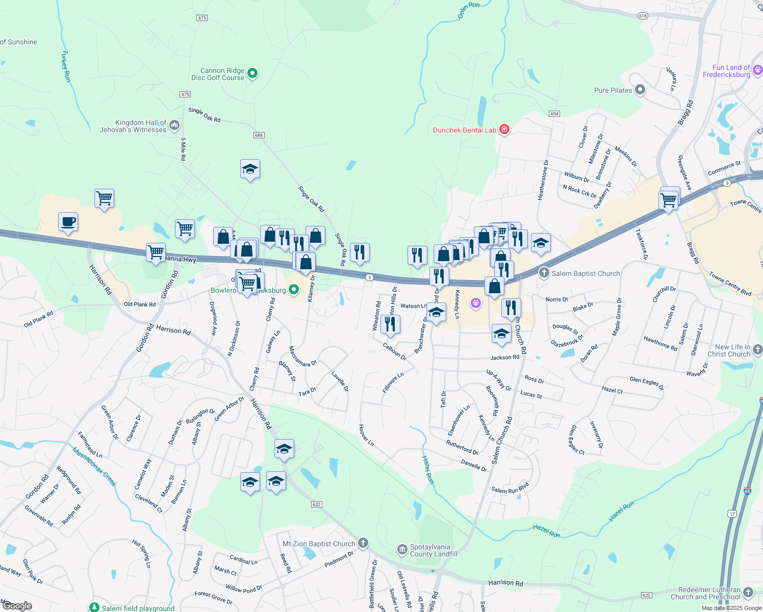 map of restaurants, bars, coffee shops, grocery stores, and more near 12015 Wheaton Road in Fredericksburg