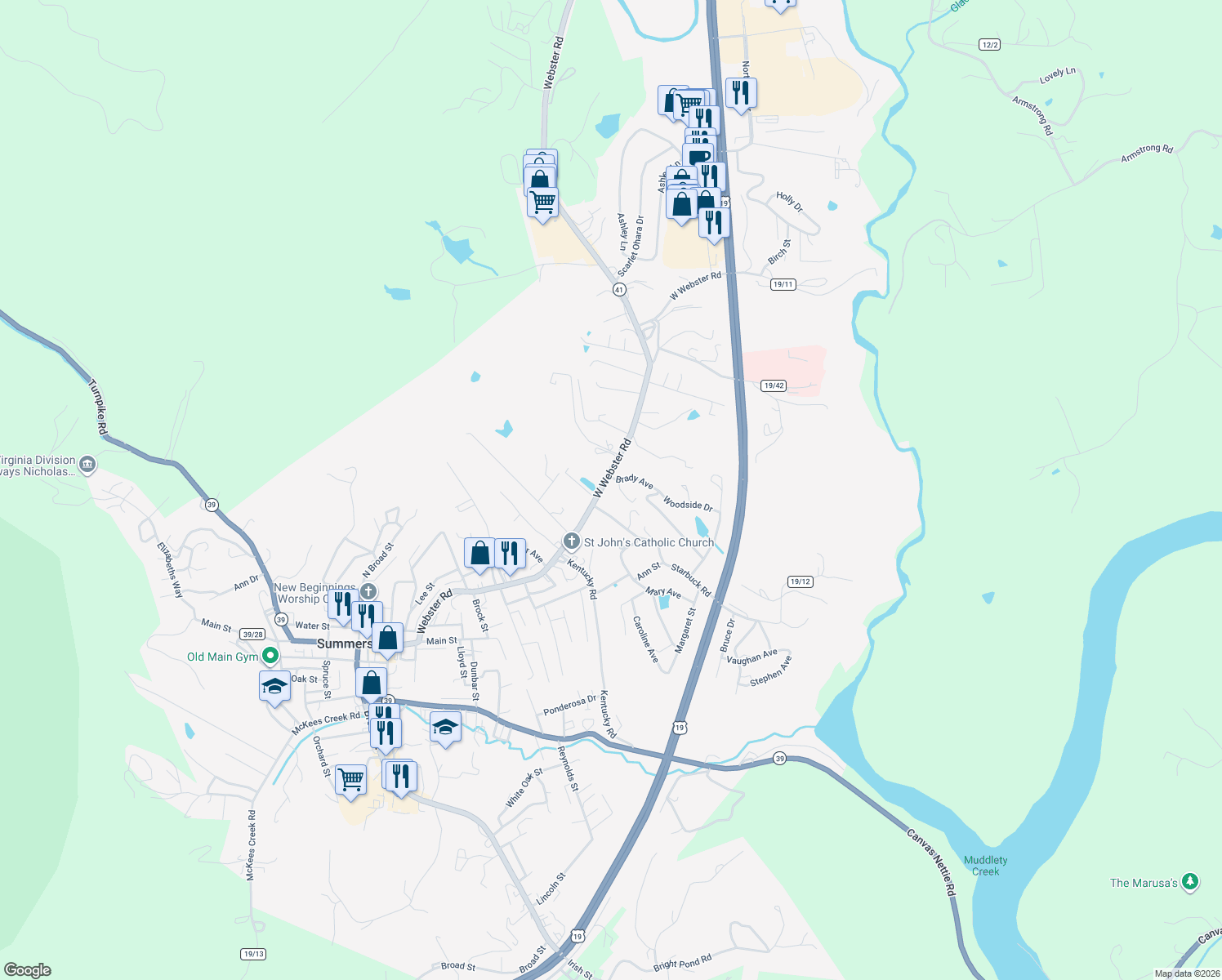 map of restaurants, bars, coffee shops, grocery stores, and more near 1800 Webster Rd in Summersville