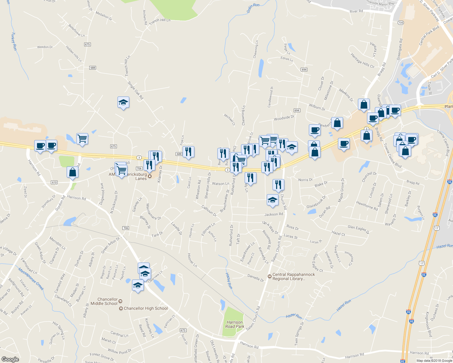 map of restaurants, bars, coffee shops, grocery stores, and more near 5905 Watson Lane in Fredericksburg