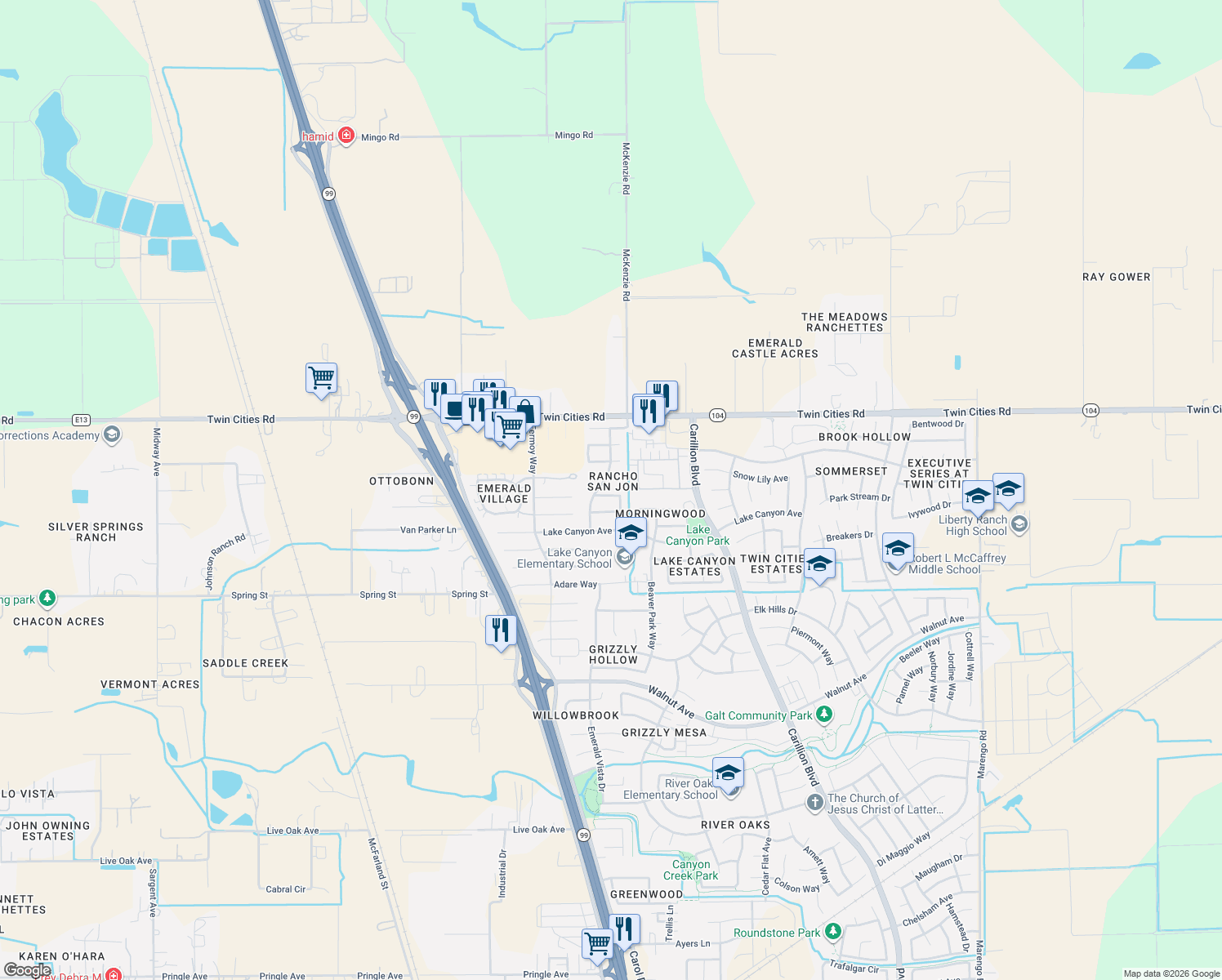 map of restaurants, bars, coffee shops, grocery stores, and more near 799 Morgans Ranch Cir in Galt