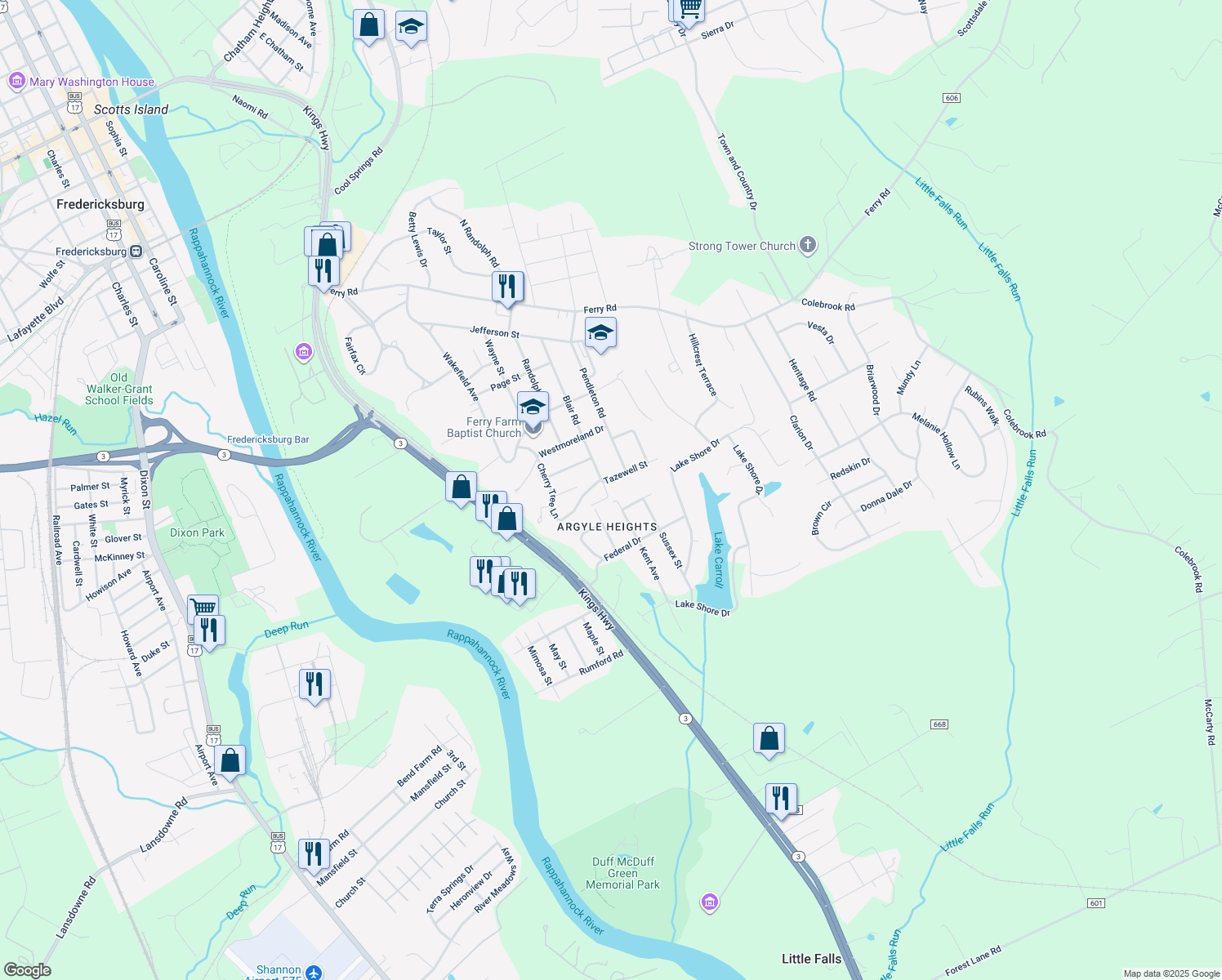 map of restaurants, bars, coffee shops, grocery stores, and more near 1 Tazewell Street in Fredericksburg