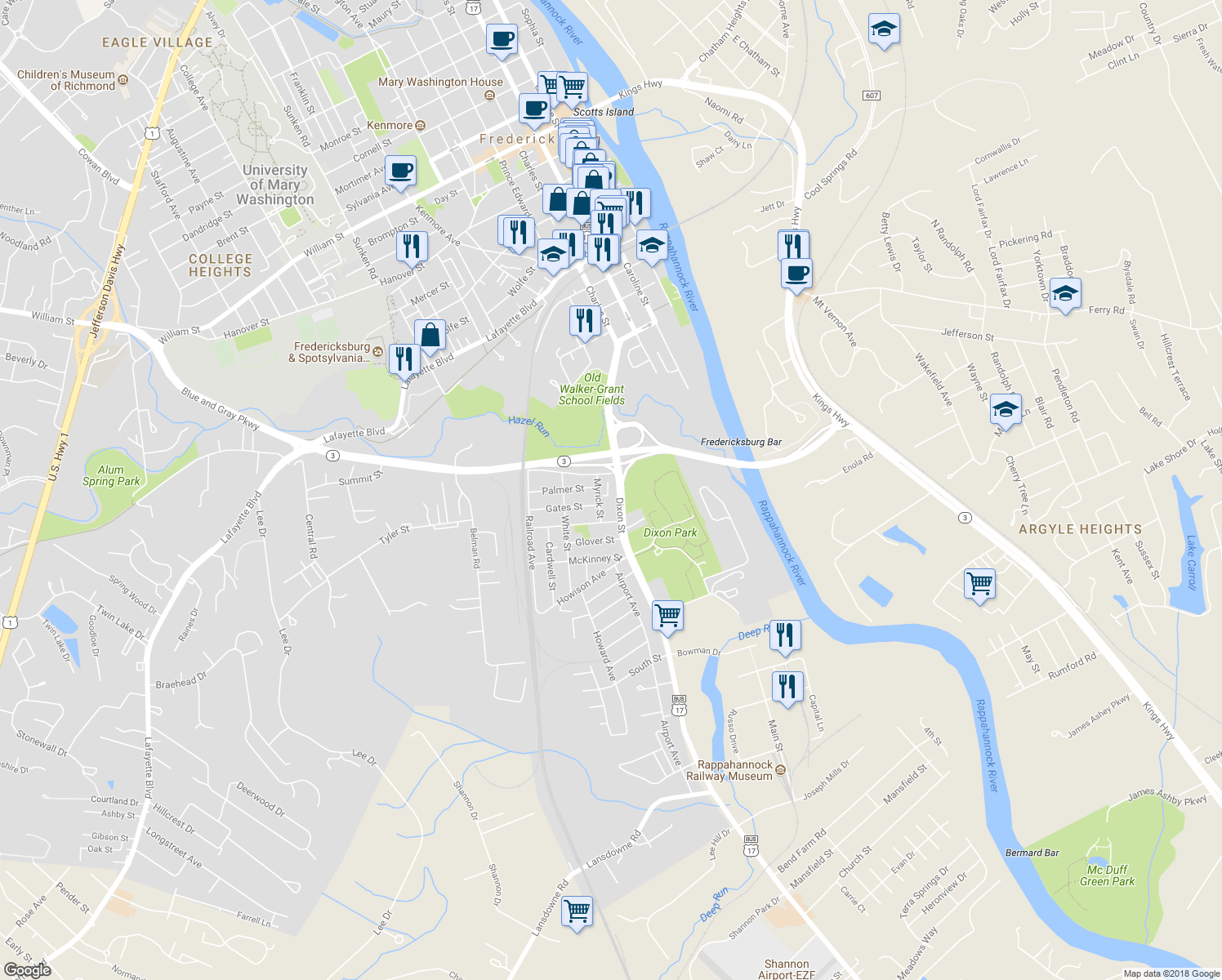 map of restaurants, bars, coffee shops, grocery stores, and more near 901 Dixon Street in Fredericksburg
