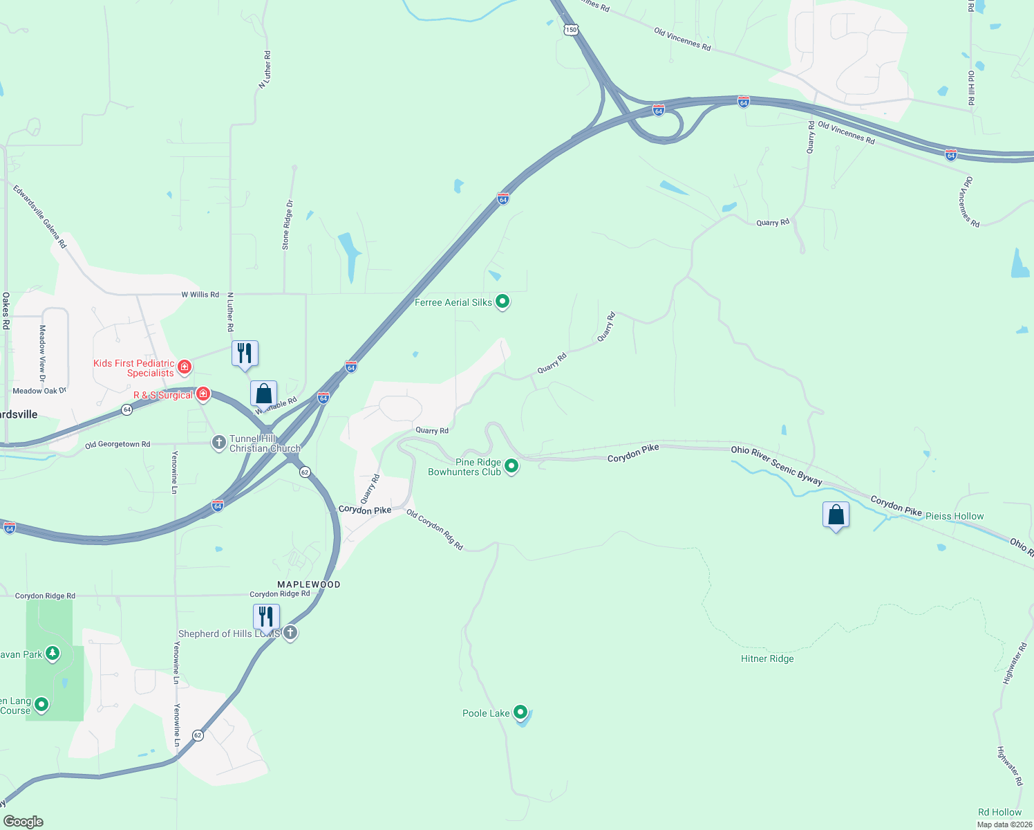 map of restaurants, bars, coffee shops, grocery stores, and more near 1005 Canyon Road in New Albany
