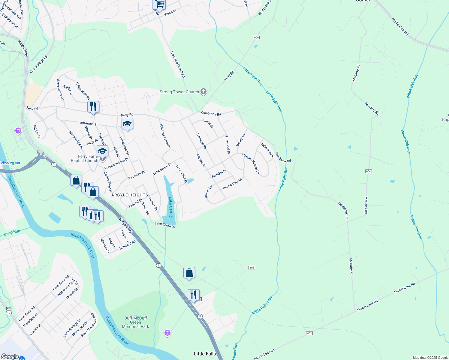 map of restaurants, bars, coffee shops, grocery stores, and more near 7 Brown Circle in Fredericksburg
