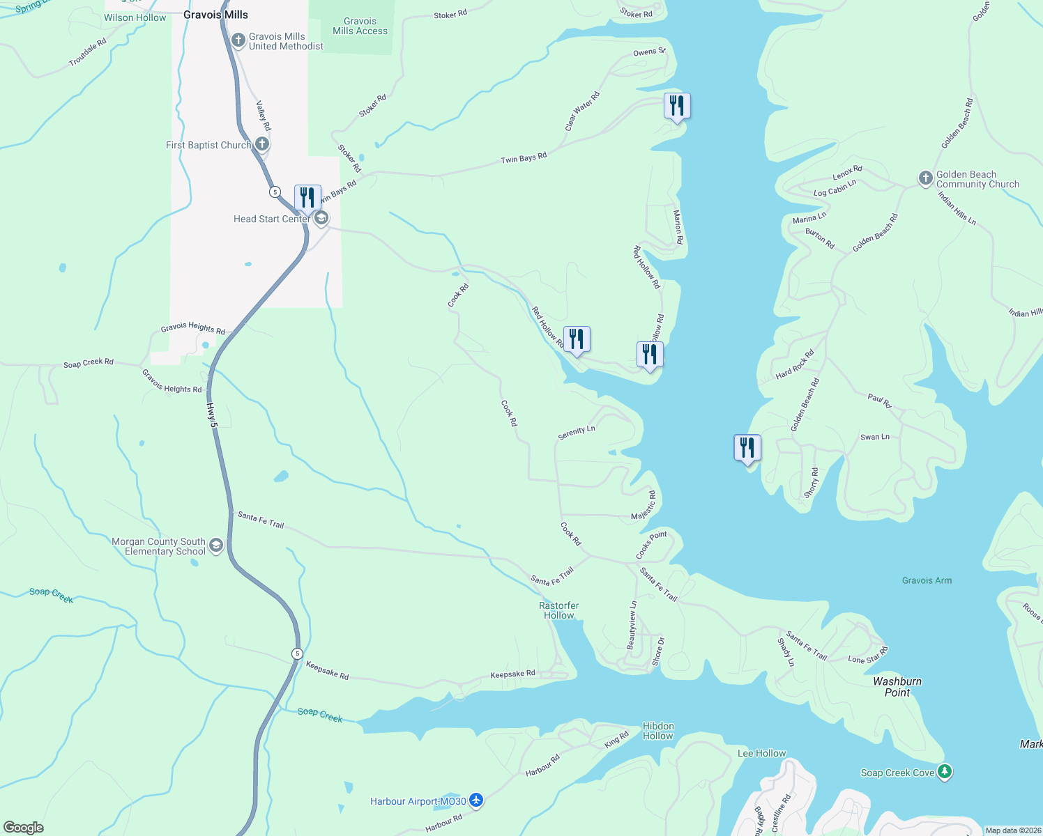 map of restaurants, bars, coffee shops, grocery stores, and more near 27096 Cook Road in Gravois Mills