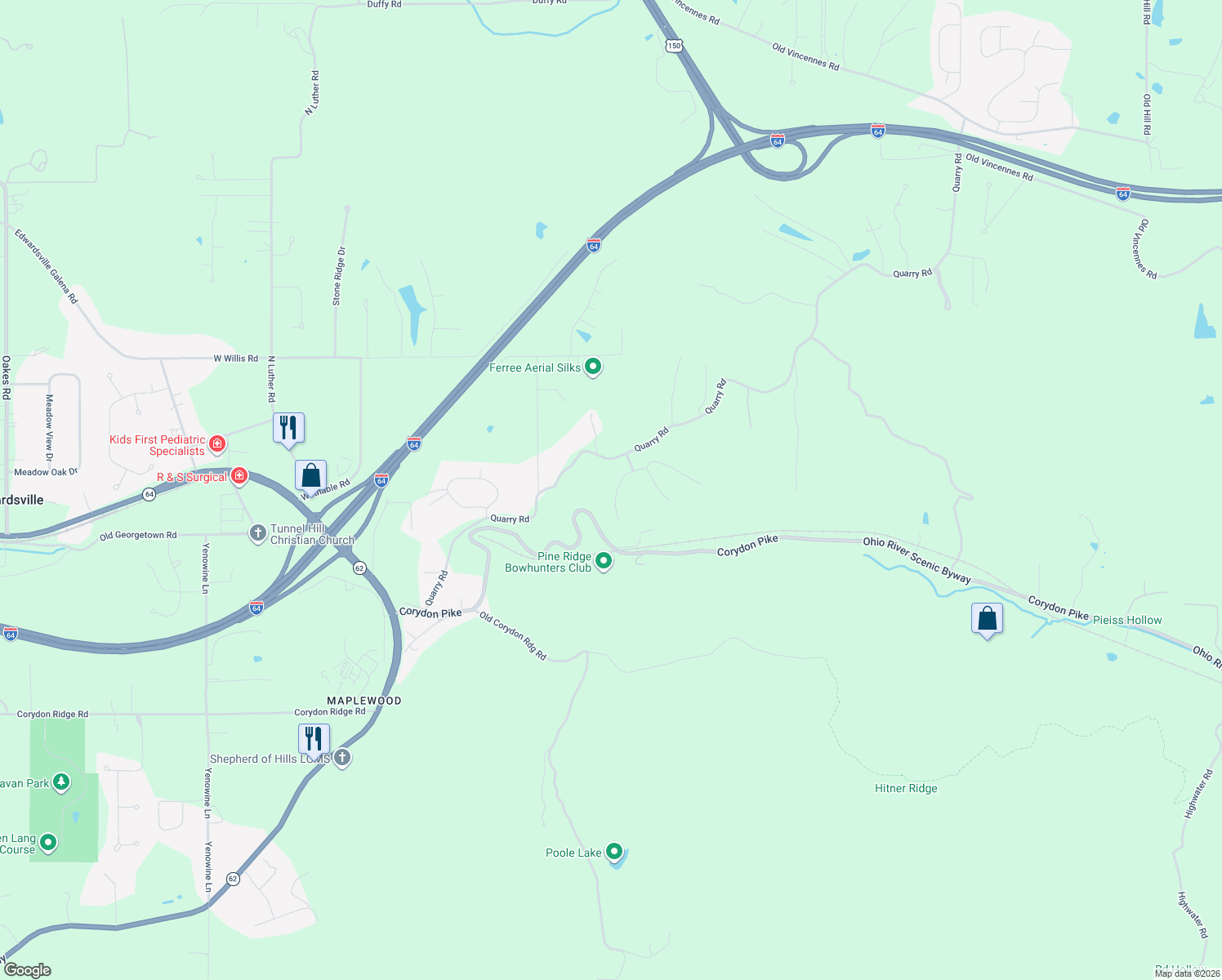 map of restaurants, bars, coffee shops, grocery stores, and more near 1005 Canyon Road in New Albany