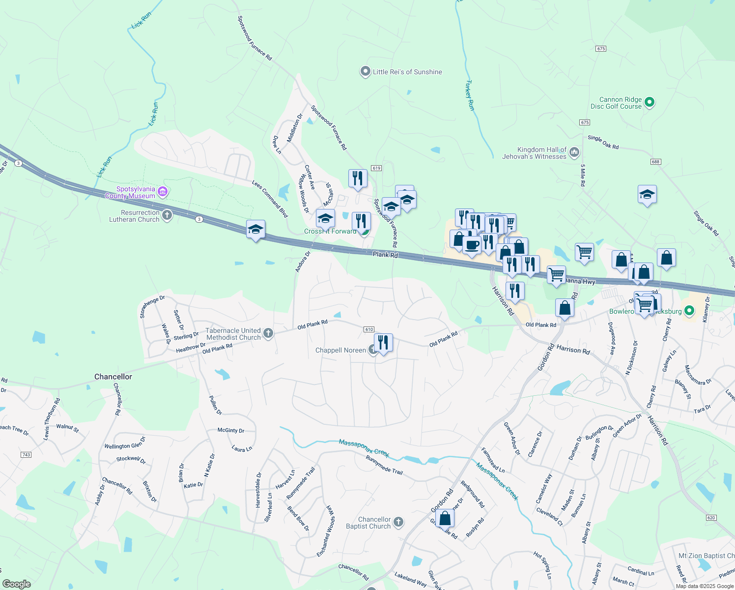 map of restaurants, bars, coffee shops, grocery stores, and more near 6913 Tower of London Drive in Fredericksburg