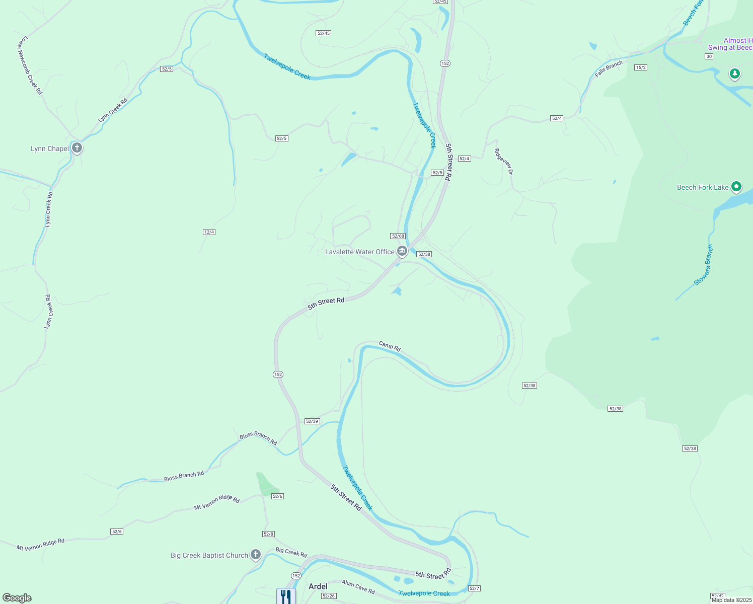 map of restaurants, bars, coffee shops, grocery stores, and more near 5318 Camp Road in Lavalette
