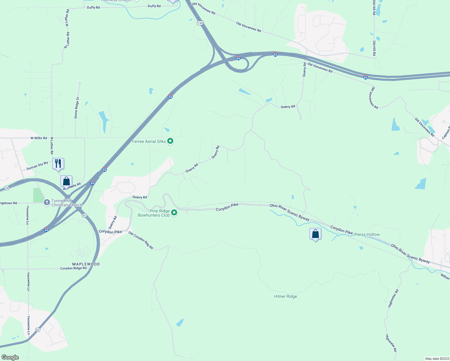 map of restaurants, bars, coffee shops, grocery stores, and more near 1021 Canyon Road in New Albany