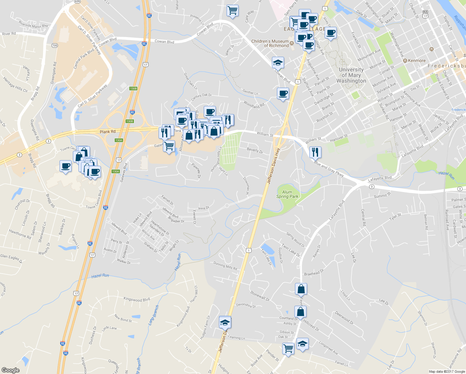 map of restaurants, bars, coffee shops, grocery stores, and more near 1008 Landram's Retreat in Fredericksburg