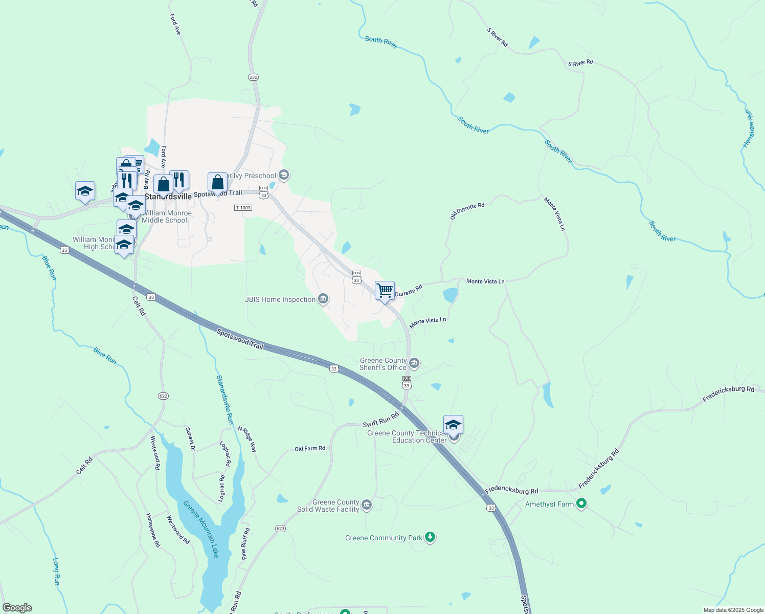 map of restaurants, bars, coffee shops, grocery stores, and more near 81 Cloudy Lane in Stanardsville