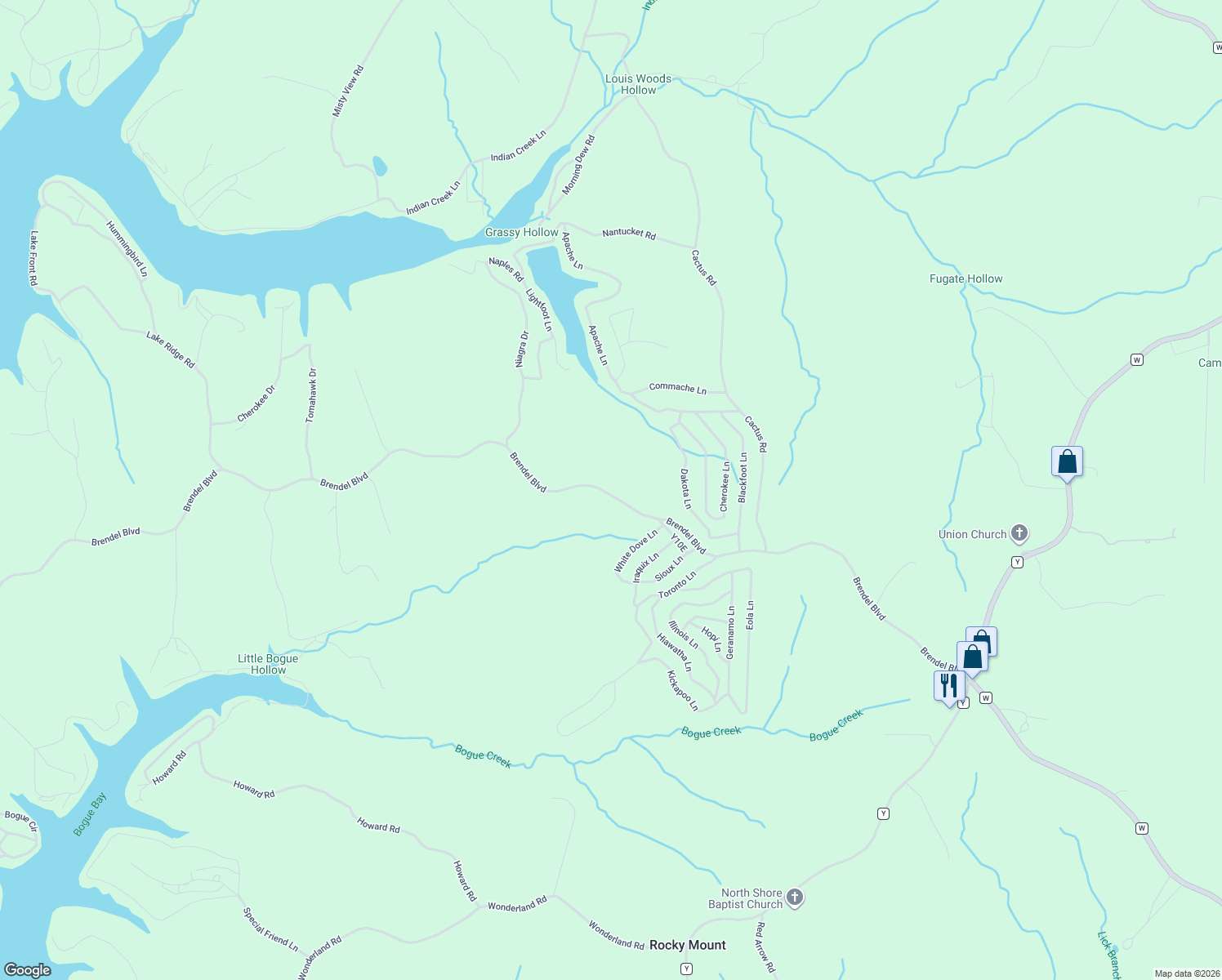 map of restaurants, bars, coffee shops, grocery stores, and more near 19225 Brendel Boulevard in Rocky Mount