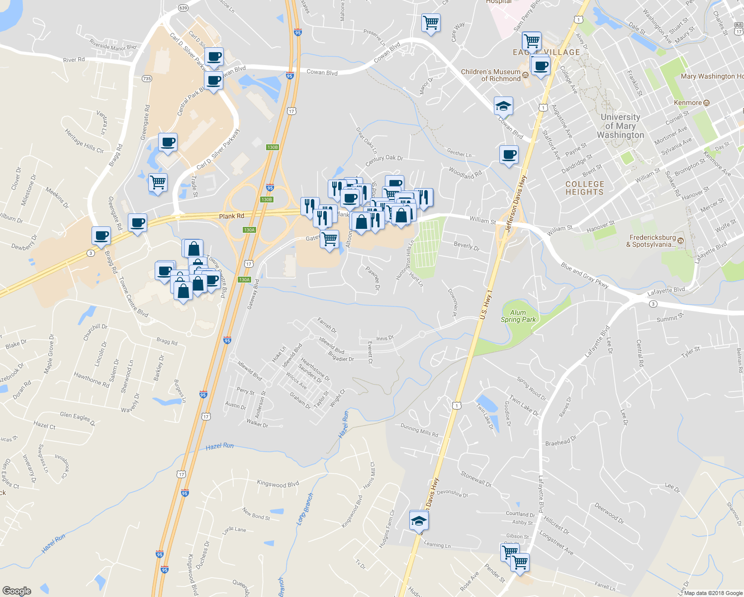 map of restaurants, bars, coffee shops, grocery stores, and more near 28 Pawnee Drive in Fredericksburg