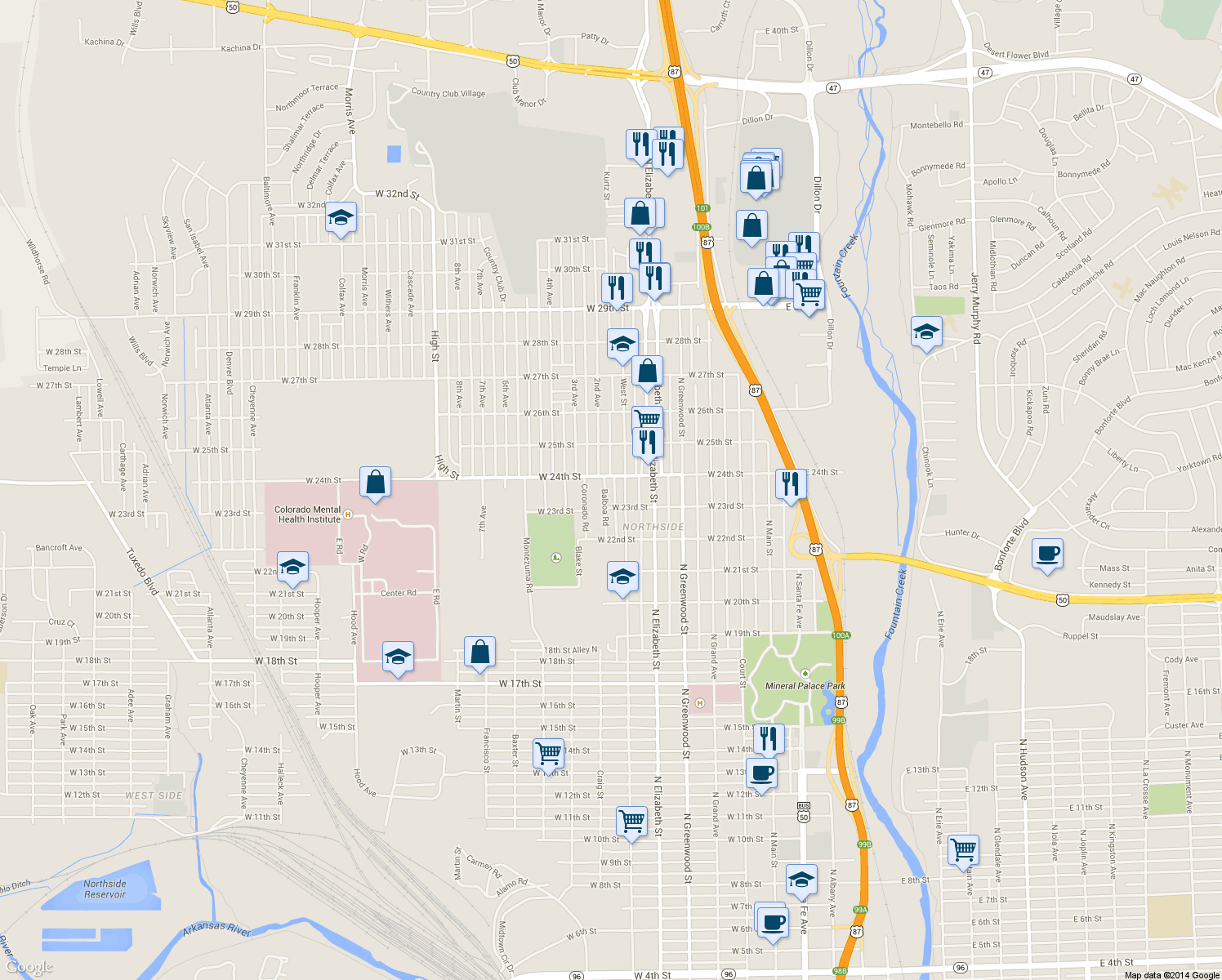 map of restaurants, bars, coffee shops, grocery stores, and more near 2316 Balboa Rd in Pueblo