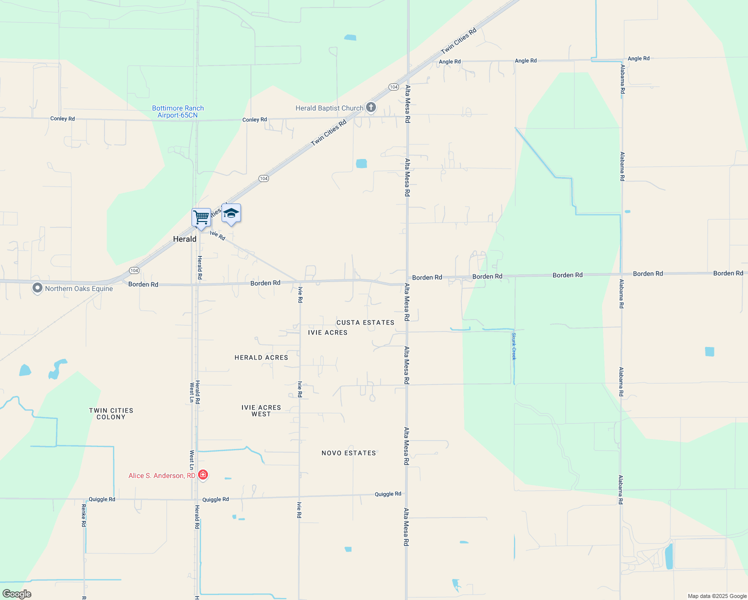 map of restaurants, bars, coffee shops, grocery stores, and more near 12066 Borden Road in Herald
