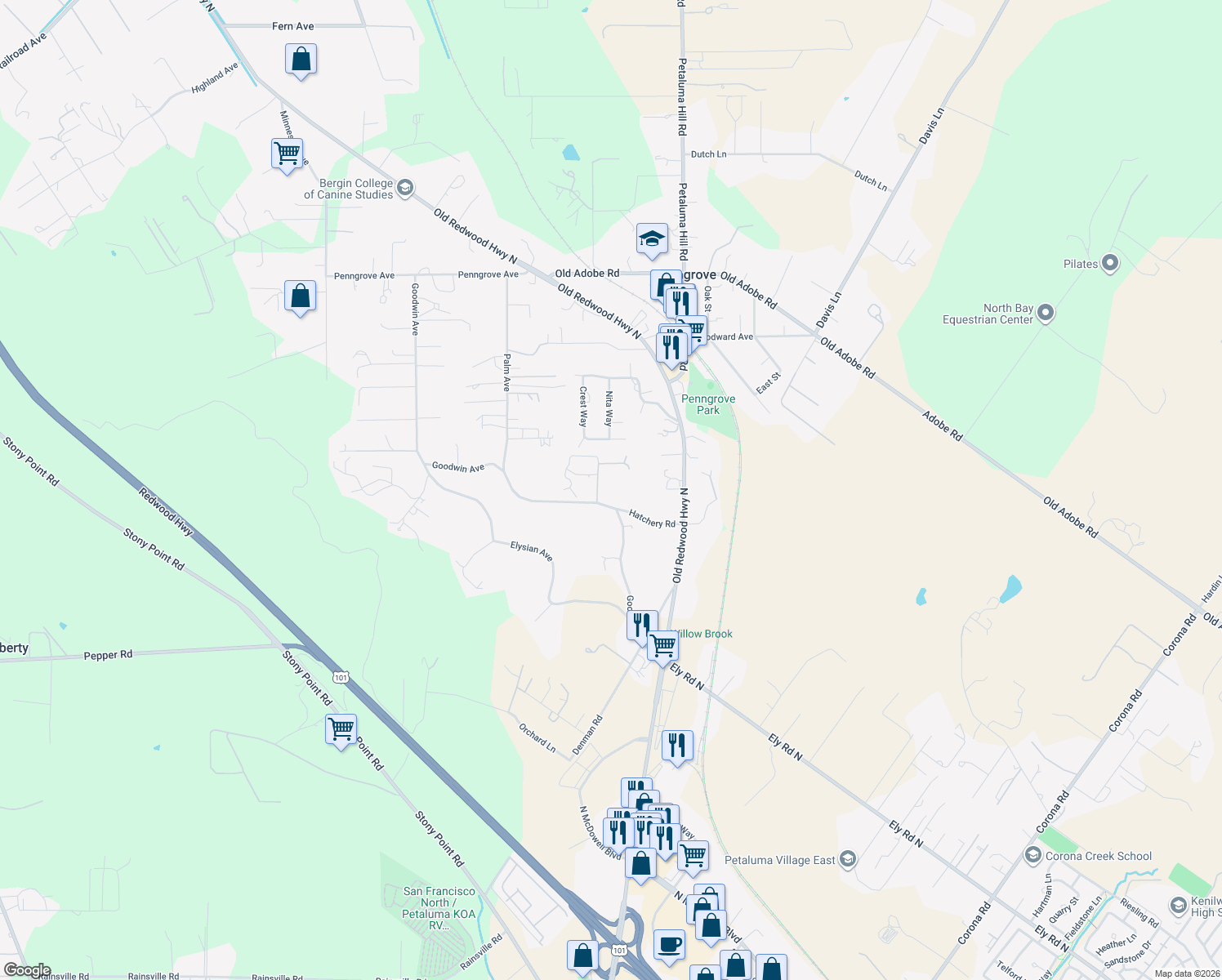 map of restaurants, bars, coffee shops, grocery stores, and more near 730 Goodwin Avenue in Penngrove