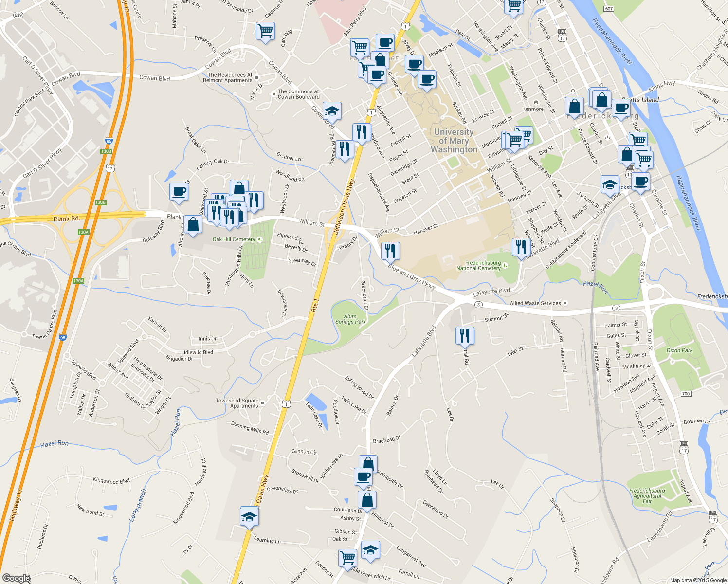 map of restaurants, bars, coffee shops, grocery stores, and more near 415 Greenbrier Court in Fredericksburg