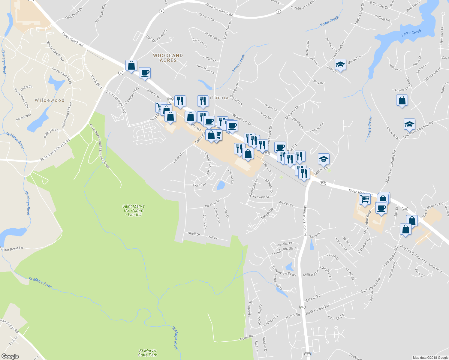 map of restaurants, bars, coffee shops, grocery stores, and more near 22703 Ventura Way in California