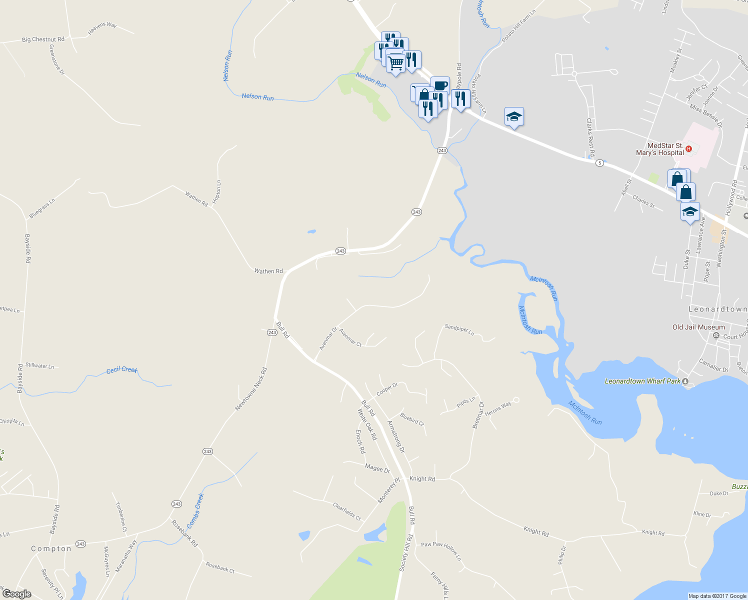 map of restaurants, bars, coffee shops, grocery stores, and more near 22733 Avenmar Drive in Leonardtown