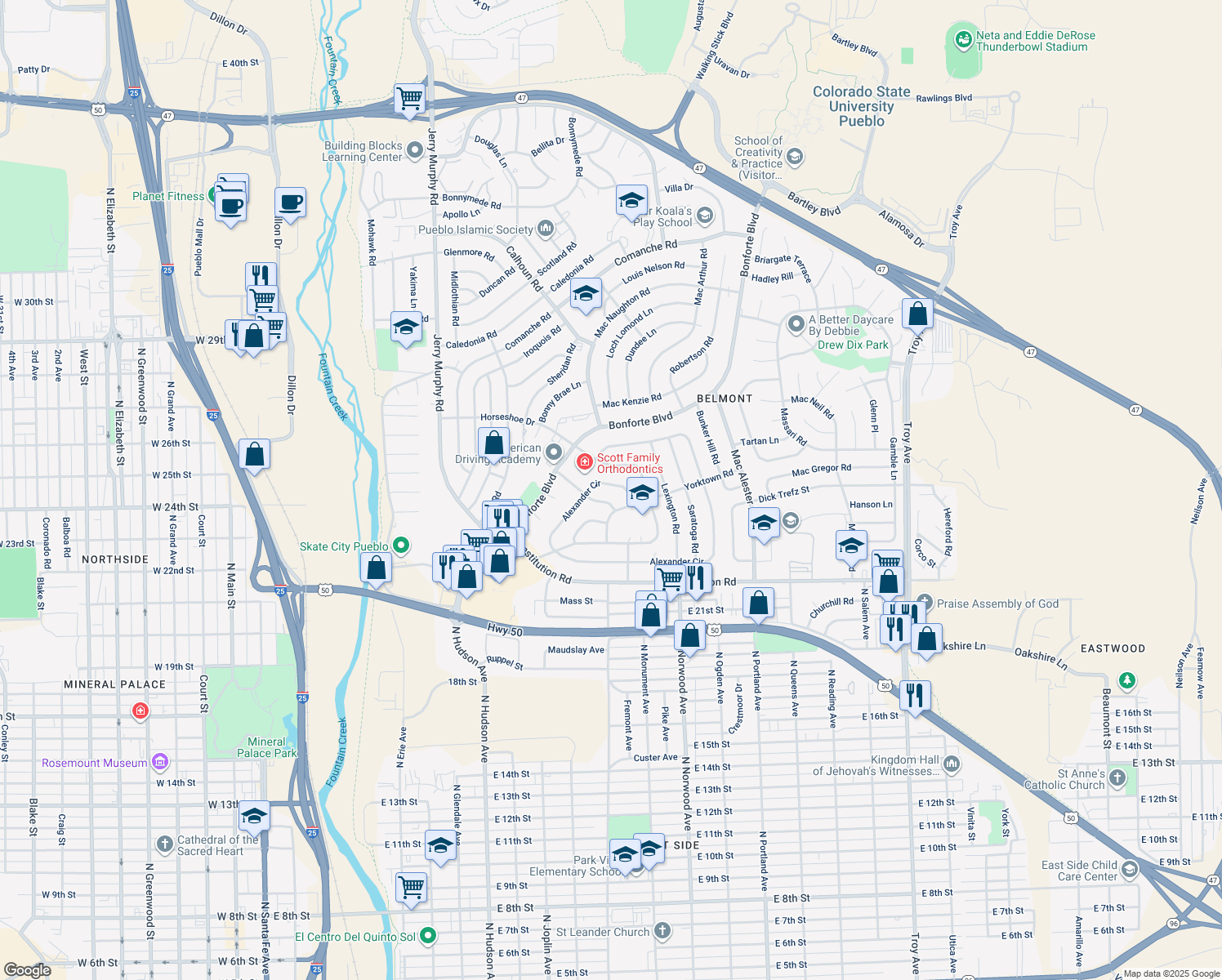map of restaurants, bars, coffee shops, grocery stores, and more near 915 Alexander Cir in Pueblo