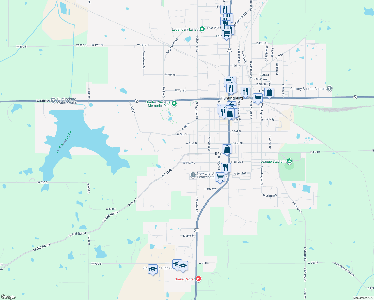 map of restaurants, bars, coffee shops, grocery stores, and more near 106 N Sycamore St in Huntingburg