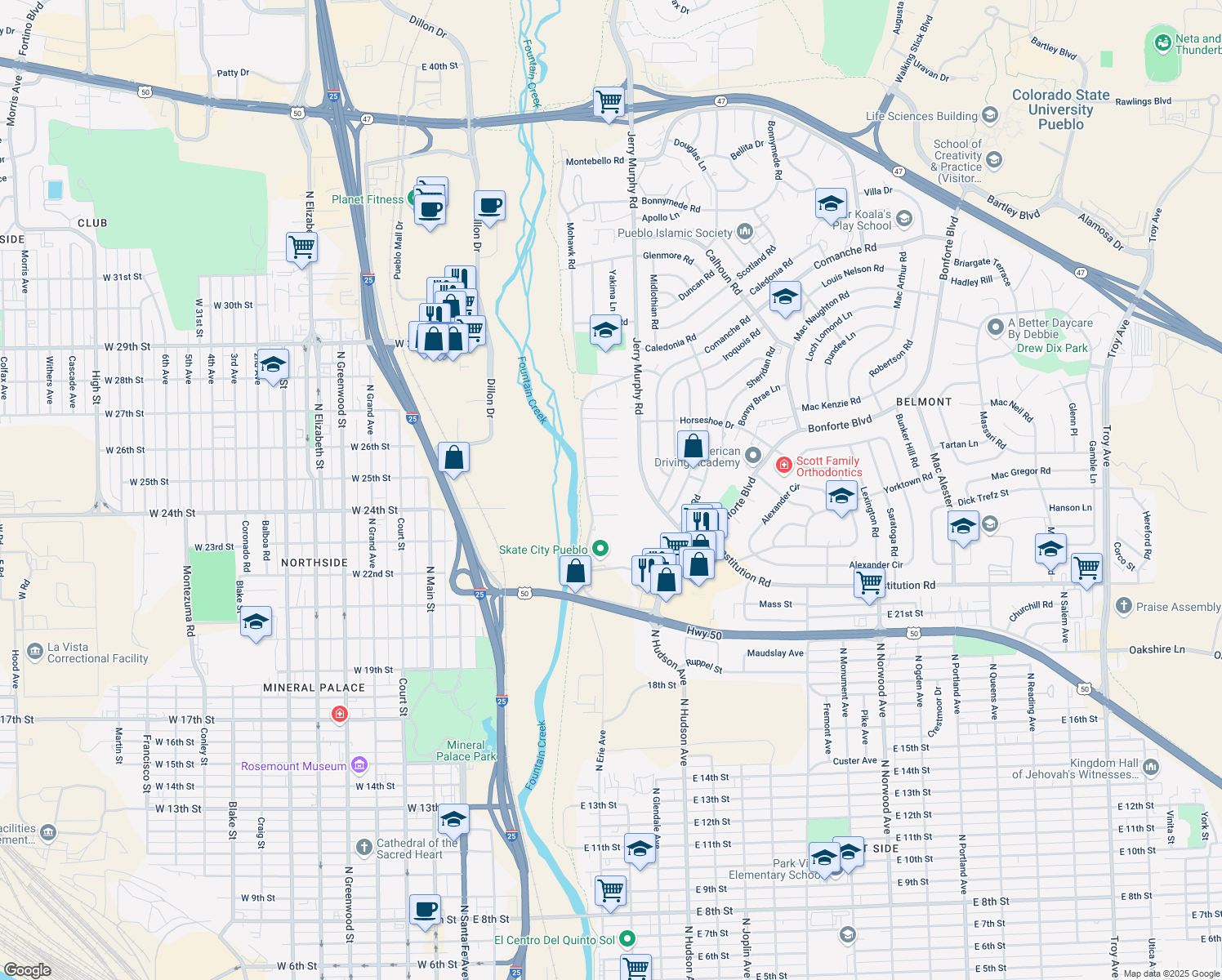 map of restaurants, bars, coffee shops, grocery stores, and more near 9 Full Moon Ct in Pueblo