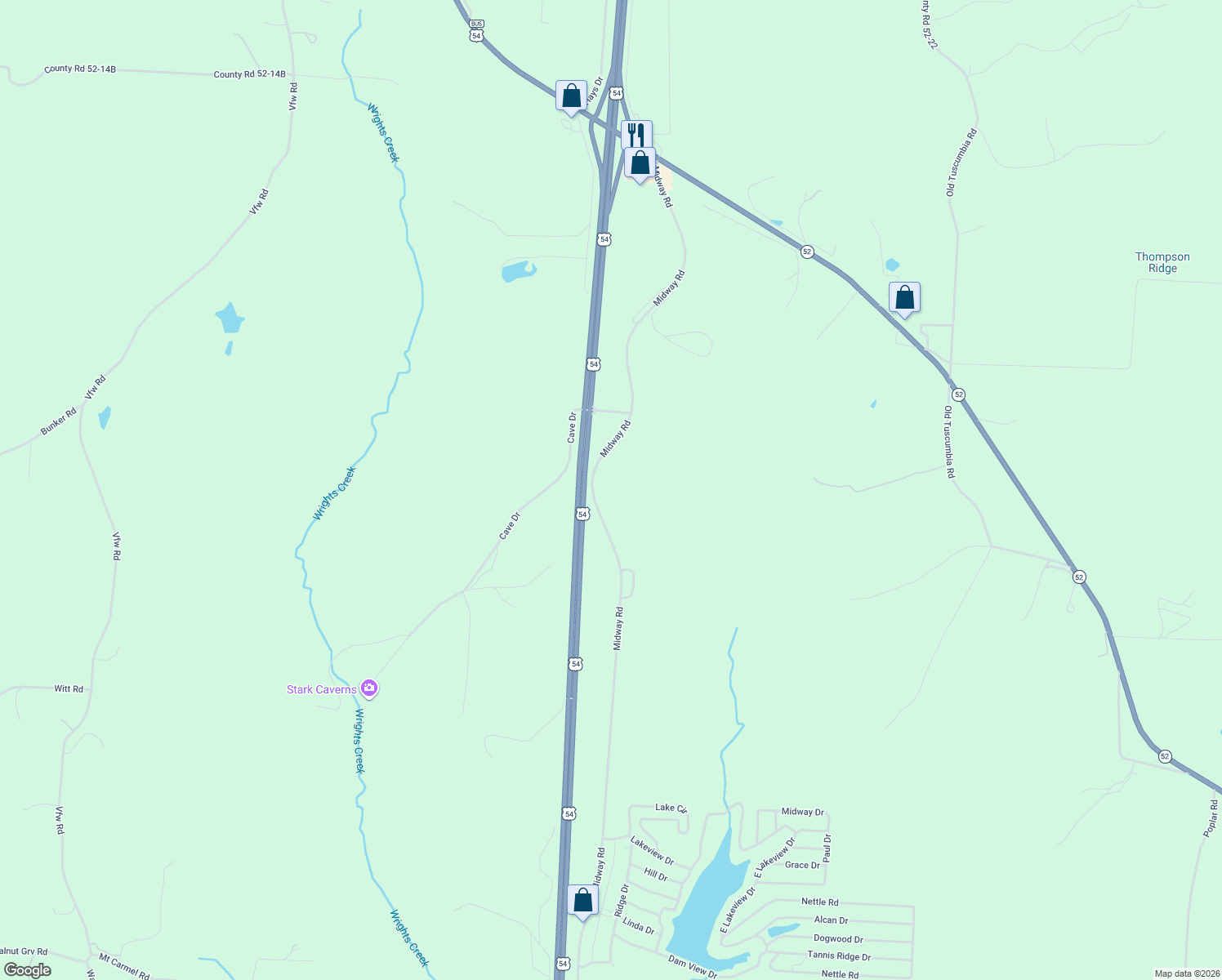 map of restaurants, bars, coffee shops, grocery stores, and more near 113 Midway Road in Eldon
