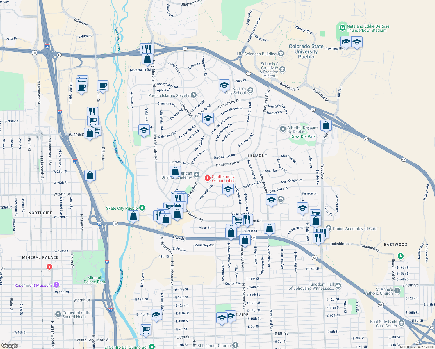 map of restaurants, bars, coffee shops, grocery stores, and more near 1733 Alexander Cir in Pueblo