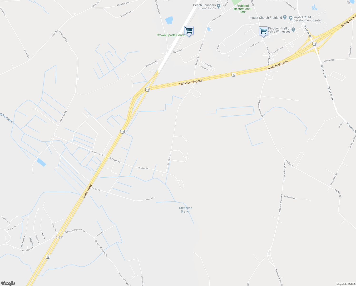 map of restaurants, bars, coffee shops, grocery stores, and more near 28407 Old Eden Road in Eden