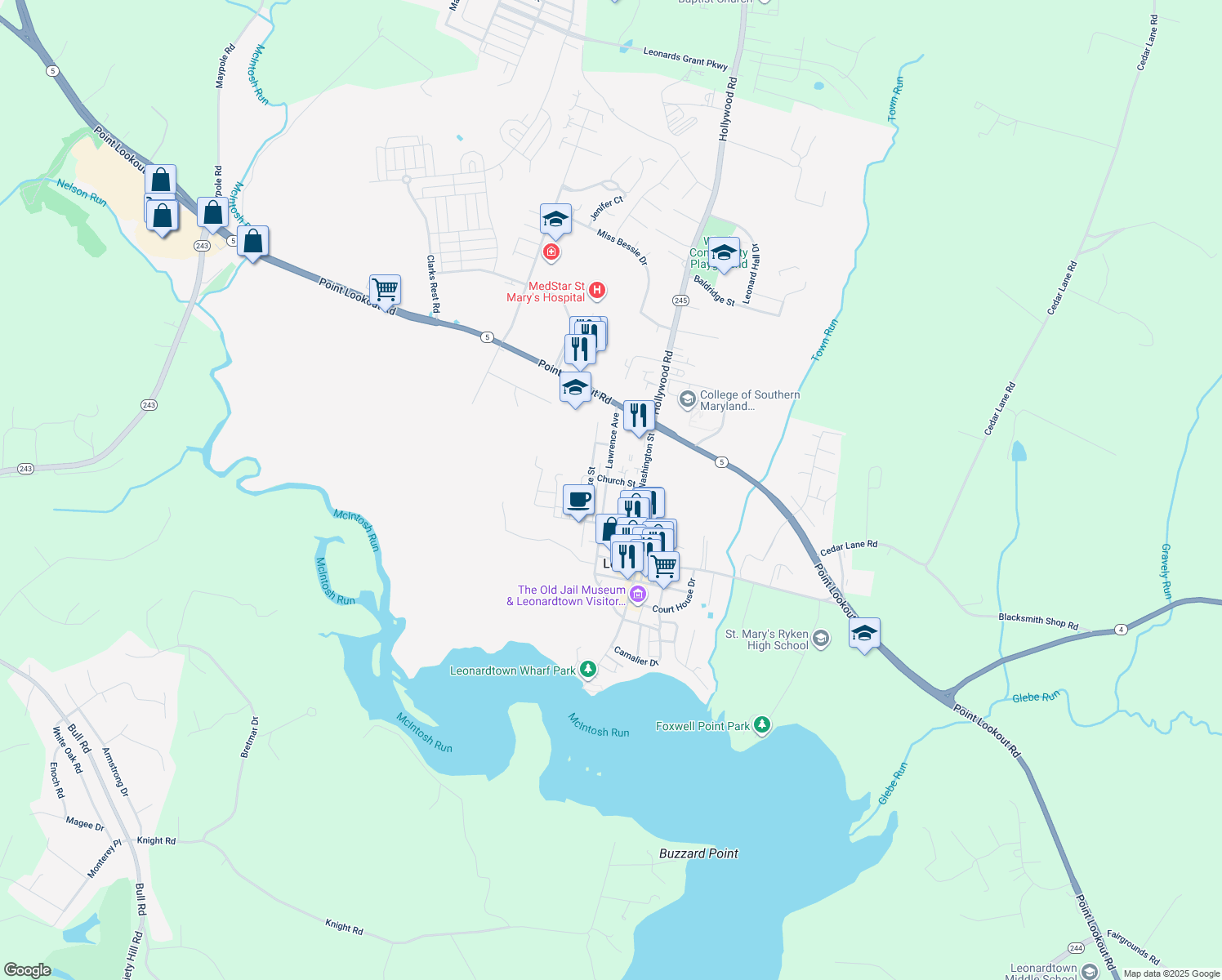 map of restaurants, bars, coffee shops, grocery stores, and more near 22820 Duke Street in Leonardtown
