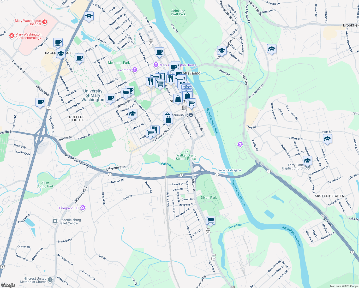 map of restaurants, bars, coffee shops, grocery stores, and more near 513 Dunmore Street in Fredericksburg
