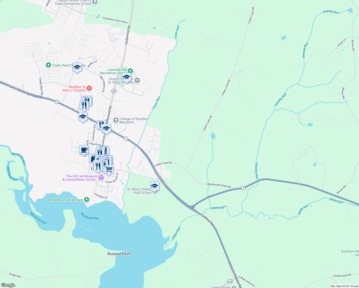 map of restaurants, bars, coffee shops, grocery stores, and more near 22855 Cedar Lane Road in Leonardtown