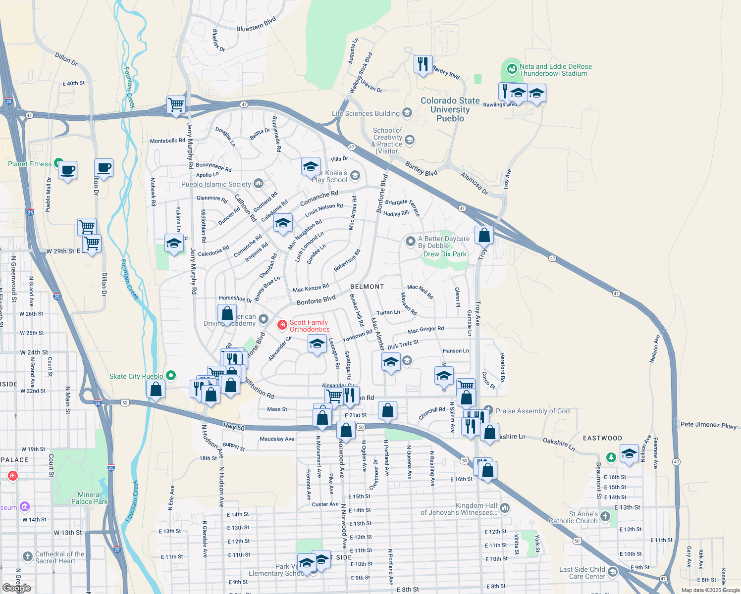map of restaurants, bars, coffee shops, grocery stores, and more near 60 Mac Alester Rd in Pueblo