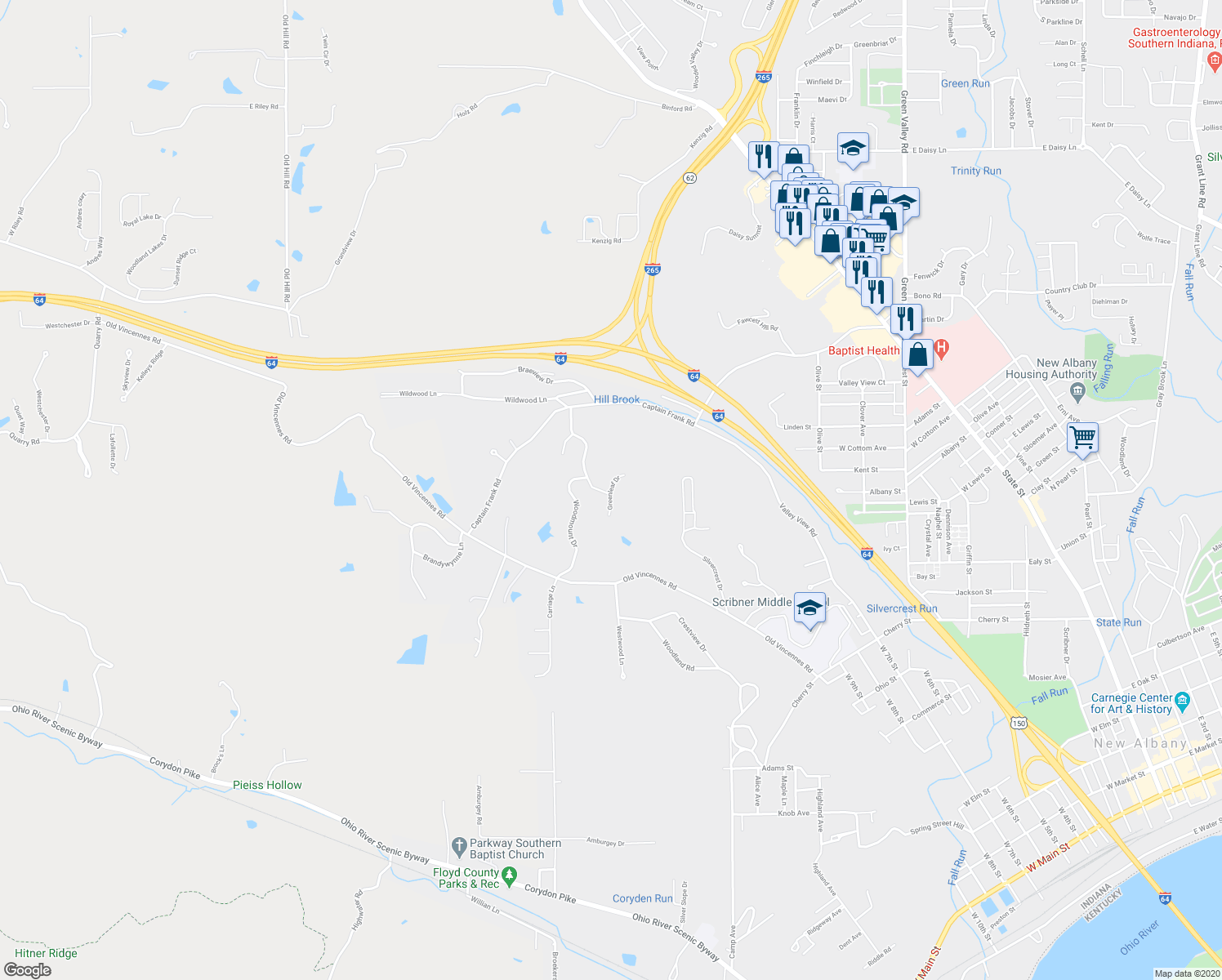 map of restaurants, bars, coffee shops, grocery stores, and more near 1003 Greenleaf Drive in New Albany