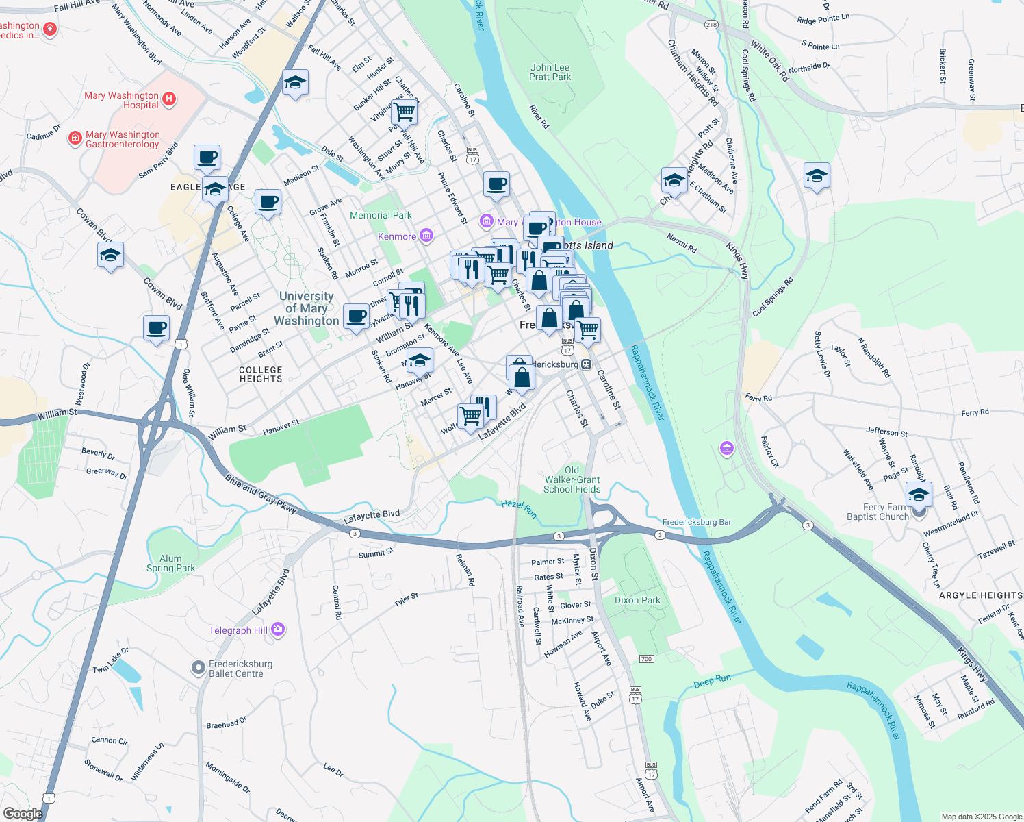 map of restaurants, bars, coffee shops, grocery stores, and more near 613 Lafayette Boulevard in Fredericksburg