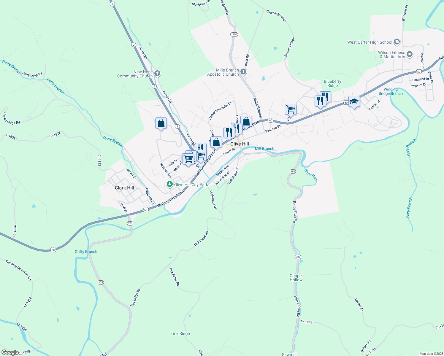 map of restaurants, bars, coffee shops, grocery stores, and more near 625 Woodside Street in Olive Hill
