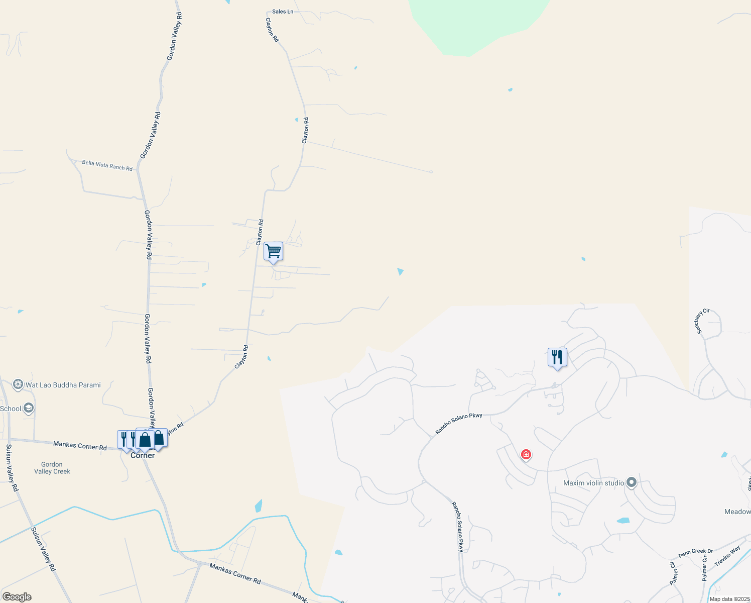 map of restaurants, bars, coffee shops, grocery stores, and more near 5066 Clayton Road in Fairfield